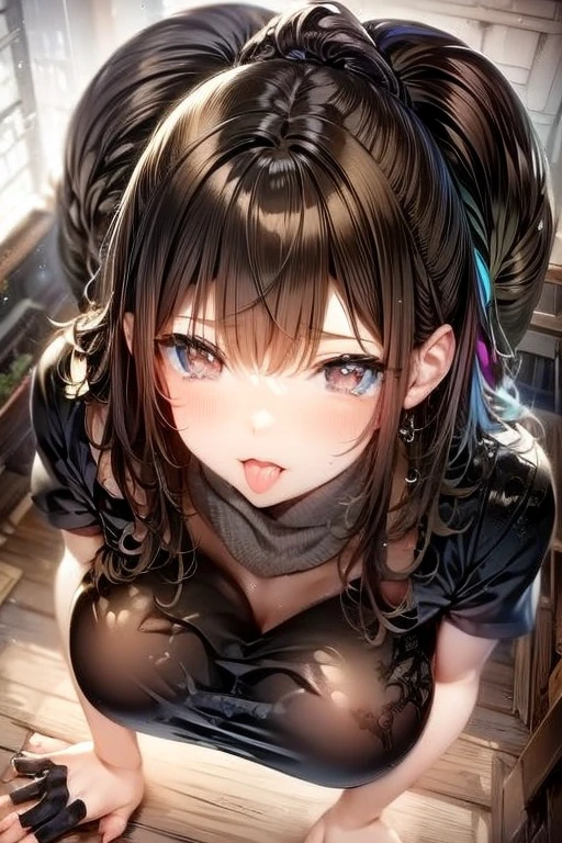 1womanl,Brown hair, japanes,((Impatient expression)),Beautiful breasts,((Black rubber strapless bra,rubber short skirt)),slender style,,(Facing the front)(((Blushing cheeks、Surprised look)),(((Braids))),((( Portrait on the knee))),Blue eyes,(((Bangs are aligned)))((see -through))(Wet with sweat)