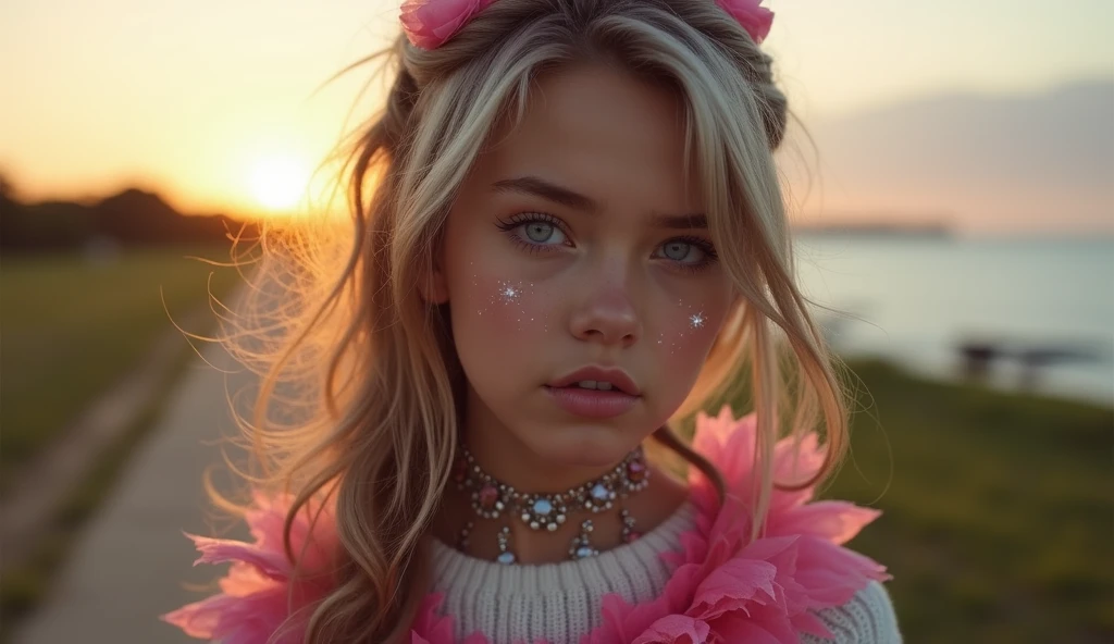 a close up of KIDS girl BLONDE with colorful makeup , tribal facepaint, tribal makeup,