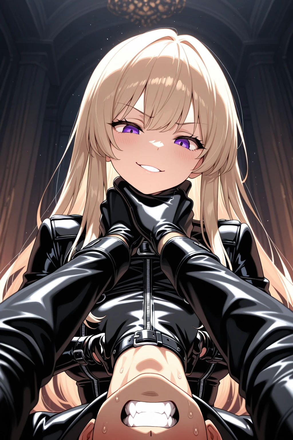 saliva, (((pee))), urination, hood, jacket, (((body suit))), black clothes, black wear, (((black tights))), weapon, cowboy shot, (((blindfold))), beautiful face, masterpiece, super fine illustration, ultra high res, masterwork, best quality, cg unity 8k wallpaper, official art, ultra detailed, squatting, full face blush, smile broadly, evil smile, fucked silly, vulgarity, rape face, open legs, groin, spread legs, head to toe, super detailed skin, (((open mouth, stick out tongue, long tongue, tongue out, tongue))), gleaming skin, oil skin, shiny skin, breasts, black loafers, groin focus, happy, (((bangs))), clothed, (((open legs))), groin, (((spread legs))), squatting, string panties, (((breasts skin tight))), outdoor, road background, Alleyway,frown, furrowed blow, Street light, shiny background, asphalt, tightly gloves, black gloves, shiny clothes, pantyhose, ((((((hands on the ground)))))), (((spiked animal collar))), wet skin,, full body, midnight, black night sky, symmetrical bangs, (((paw pose))), clenched hands, perfect proportion, perfect anatomy, perfect body, nice body, harness bondage, nsfw, torso, double hair pin of symmetrical bangs, (((chain leash, viewer holding chain leash, animal collar connected chain leash, beautiful chain leash. long chain leash, pet leash, one connected chain leash, Drooping chain leash))),