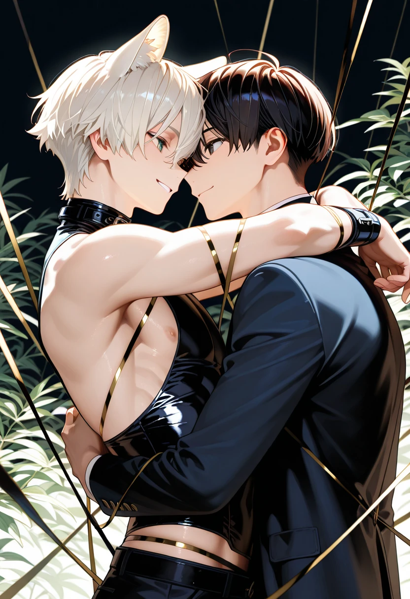 absurdres, highres, ultra detailed, HDR, master piece, best quality, 9S, white hair, with bangs, blindfolded eyes, Nier Automata, 2B, white hair, blindfolded eyes, two sexy men together, yaoi, gay couple, handsome, black clothes, fantasy, purple moon, purple flowers, purple blossoms, purple petals, fireflies