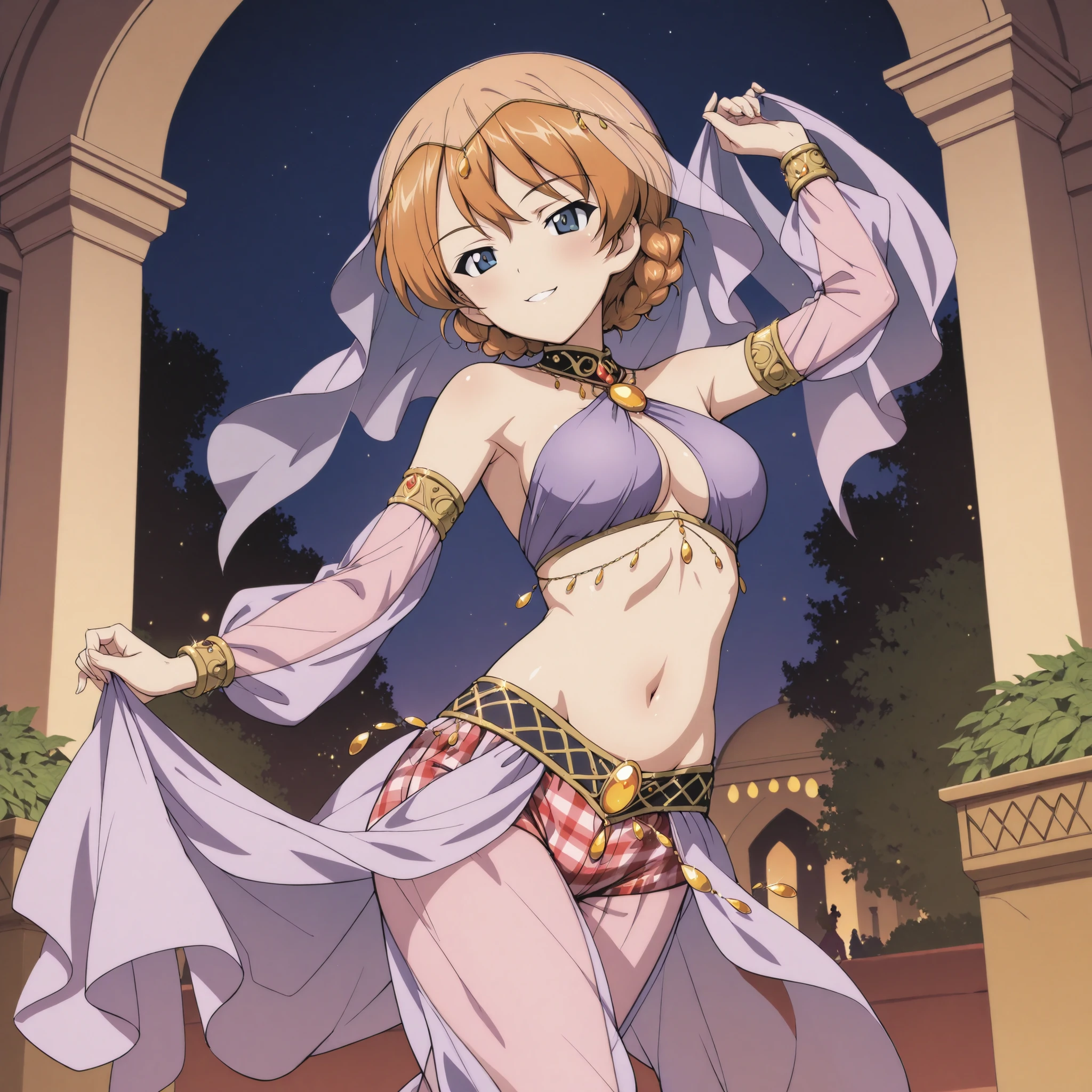 girl:1 . 5) , (Seul:1 . 5) , score_9 , score_8_haut , score_7_haut , source_anime , Official work  , ultra-detailed , masterpiece , best quality plaid shorts , high res , beaux yeux , detailed eyes , Detailed Face , beautiful detailed eyes ,Girls Und Panzer,Darjeeling, Arabian Clothes , Arabian Dancer ,belly dancer costume , face veil, veil , golden jewelery,harem outfit, harem skirt,harem pants transparent pants, belly dancing, harem veil , night, arabian garden , seductive smile, dancing with veil, dynamic movement, seductive pose