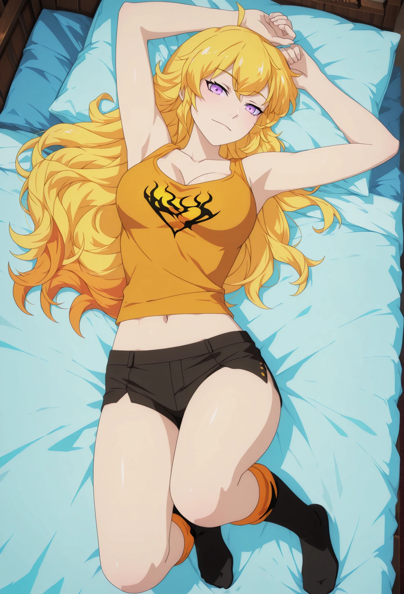 1 girl, solo character, single character, Yang Xiao Long from RWBY, full color, cel shading, vibrant colors, cartoon-style, teenage girl, clean lineart, cel shading, symmetrical face, front view, full body, 2D animation, laying in bed, very long wavy golden blonde hair, purple eyes, athletic yellow tank top with a flame emblem, black athletic short shorts, long socks, cute pose, alluring pose, innocent pose, above view, large natural , cleavage,  petite body, slim legs,