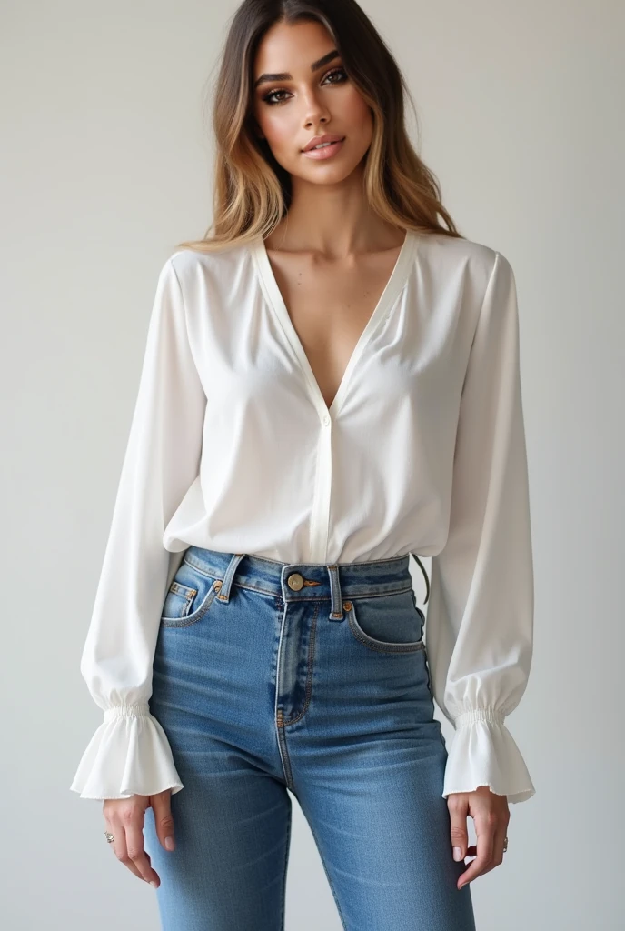 Evan Rachel Wood wearing long sleeve knit blouse with ripped neckline and jeans and smiling