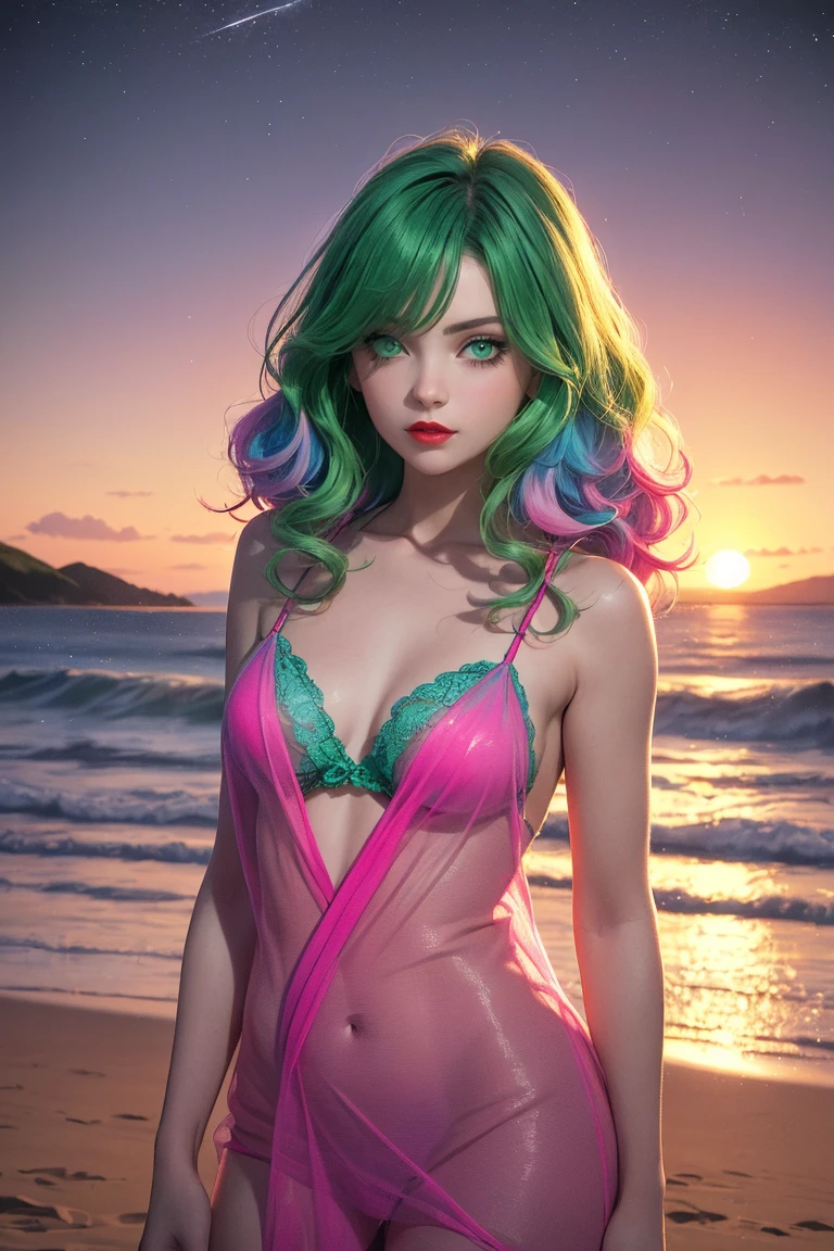 In a dimly lit beach with soft, warm lighting, a cute young voluptuous girl with cat ears sits on the sand, her long curly pink hair glistening in the glow. She wears a sparkling green side-tie bikini with sexy cleavage that seems to shimmer and shine like bioluminescent paint, matching the radiant violet hue of her eyes. Her eyes are detailed with long eyelashes and bright and colorful irises with heterochromia and are sparkling. Her expression is sultry, with mesmerizing eye contact that draws the viewer in. Her big breasts are perfectly rounded, with a large sag that adds to their allure. As she kneels forward, her legs spread invitingly, showcasing her confidence and sex appeal. The watercolor-inspired hues on her skin blend seamlessly, creating a photorealistic effect that's almost too beautiful to be real.