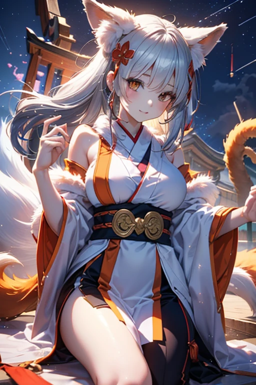 a young beautiful woman with long flowing hair, resembling the mythical Japanese nine-tailed silver fox, wearing a dress. Her nine tails spread out behind her like a fan. She is smiling, with a thoughtful expression on her face. The artwork is of the highest quality, with ultra-detailed features. It is a masterpiece of surrealism, showcasing a mesmerizing play of lights. The scene is illuminated by the soft glow of fireflies, creating a magical atmosphere. The artwork incorporates sparkling sequins, adding a touch of glamour. The final image is rendered using Octane render.
