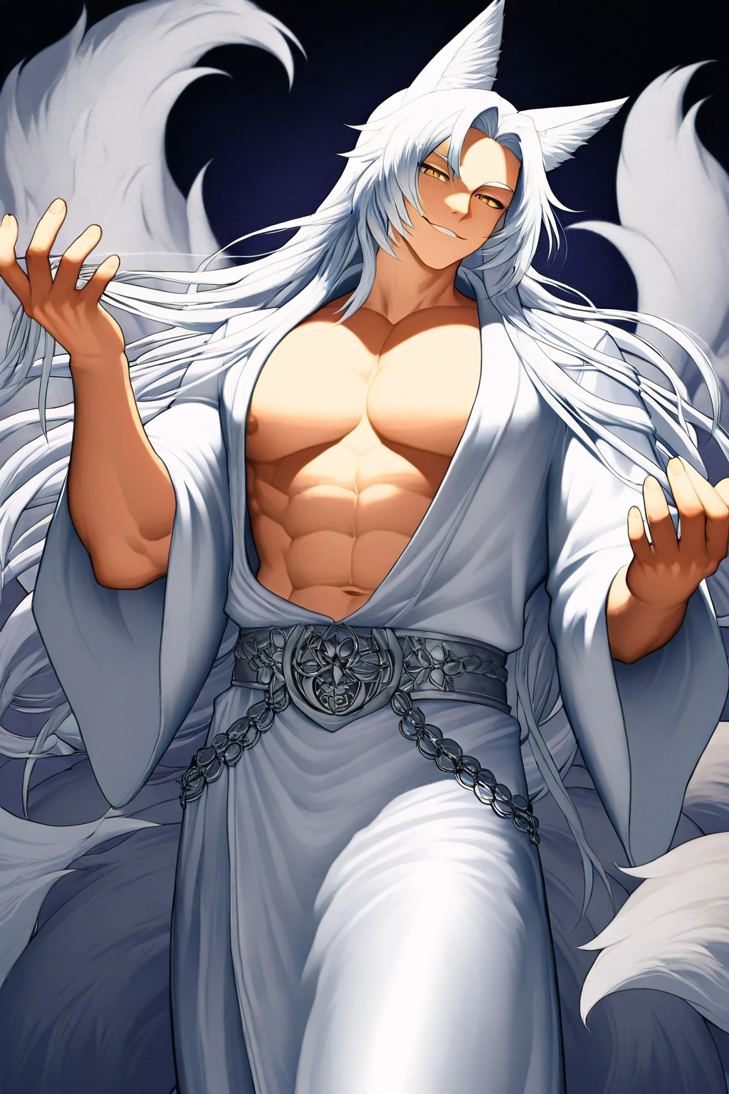 A highly detailed and ultra-realistic illustration of an elegant anime-style male character with long, flowing silver hair and fox ears. He has sharp features, pale skin, and intense golden eyes, looking to the side. The image captures him from the waist up, showcasing his loose, open shirt and well-defined chest. The background is simple, focusing on the character's intricate details and graceful presence