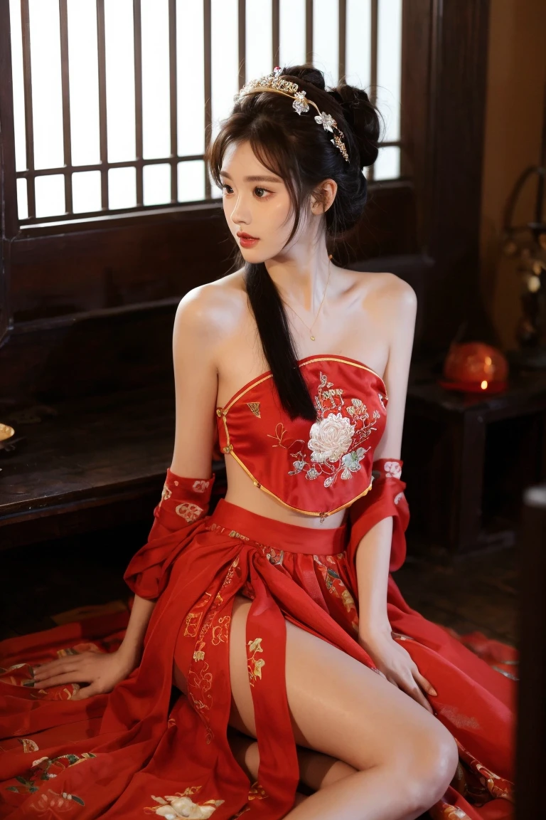 1 girl, skirt, Hair accessories, red skirt, Solitary, Chinese clothes, Long hair, sit, Bare shoulders, window, Brown hair, OK, indoors, Black Hair,
Looking at the audience
 