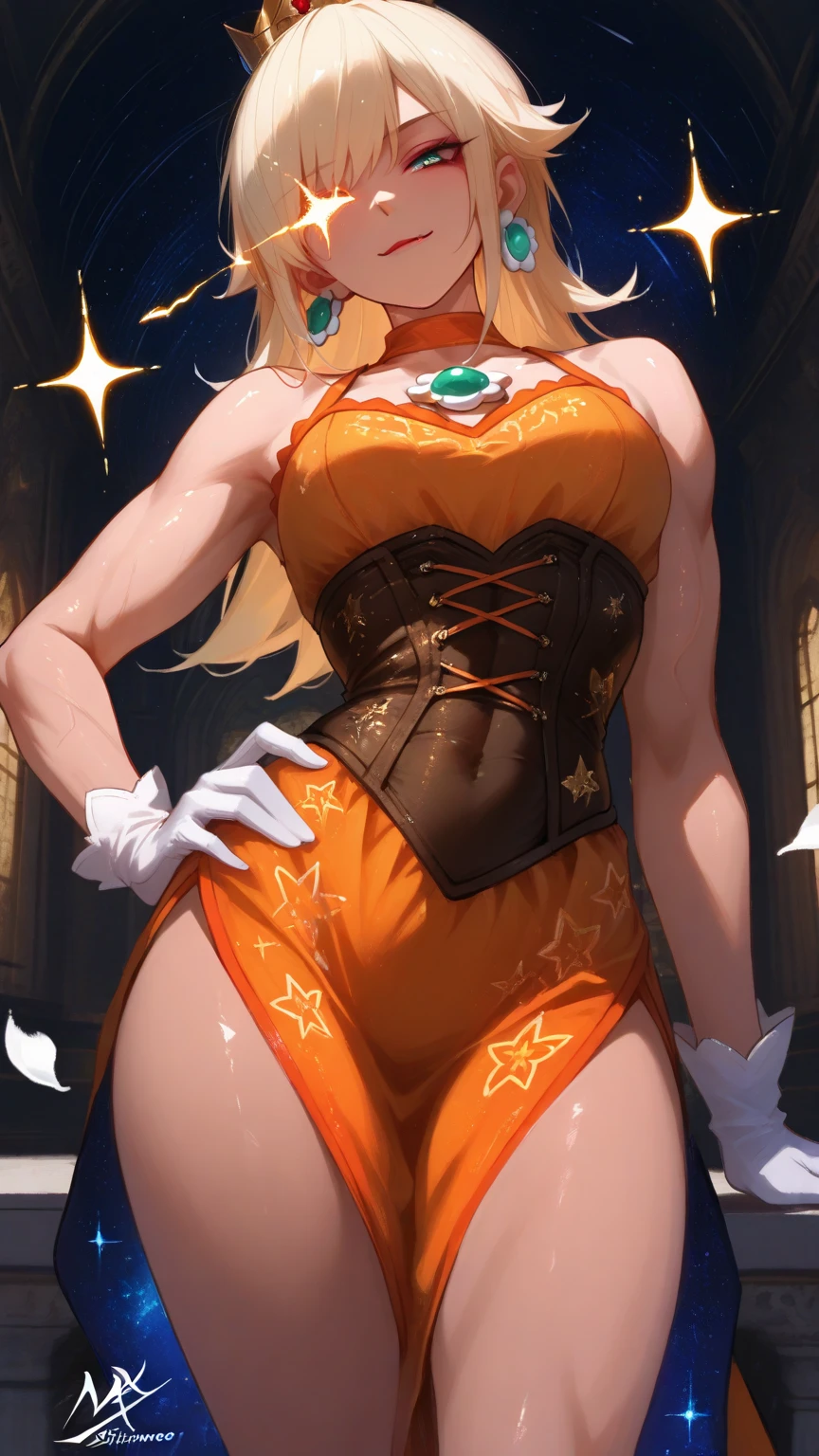 ((masterpiece,best quality,ultra-delicate,Perfect Face,16k,high resolution,very beautiful woman)),(blue skin:1.2,red sleeveless jacket), purple panties,bunny ears,large breasts,purple bowtie,gold long hair,smile,standing