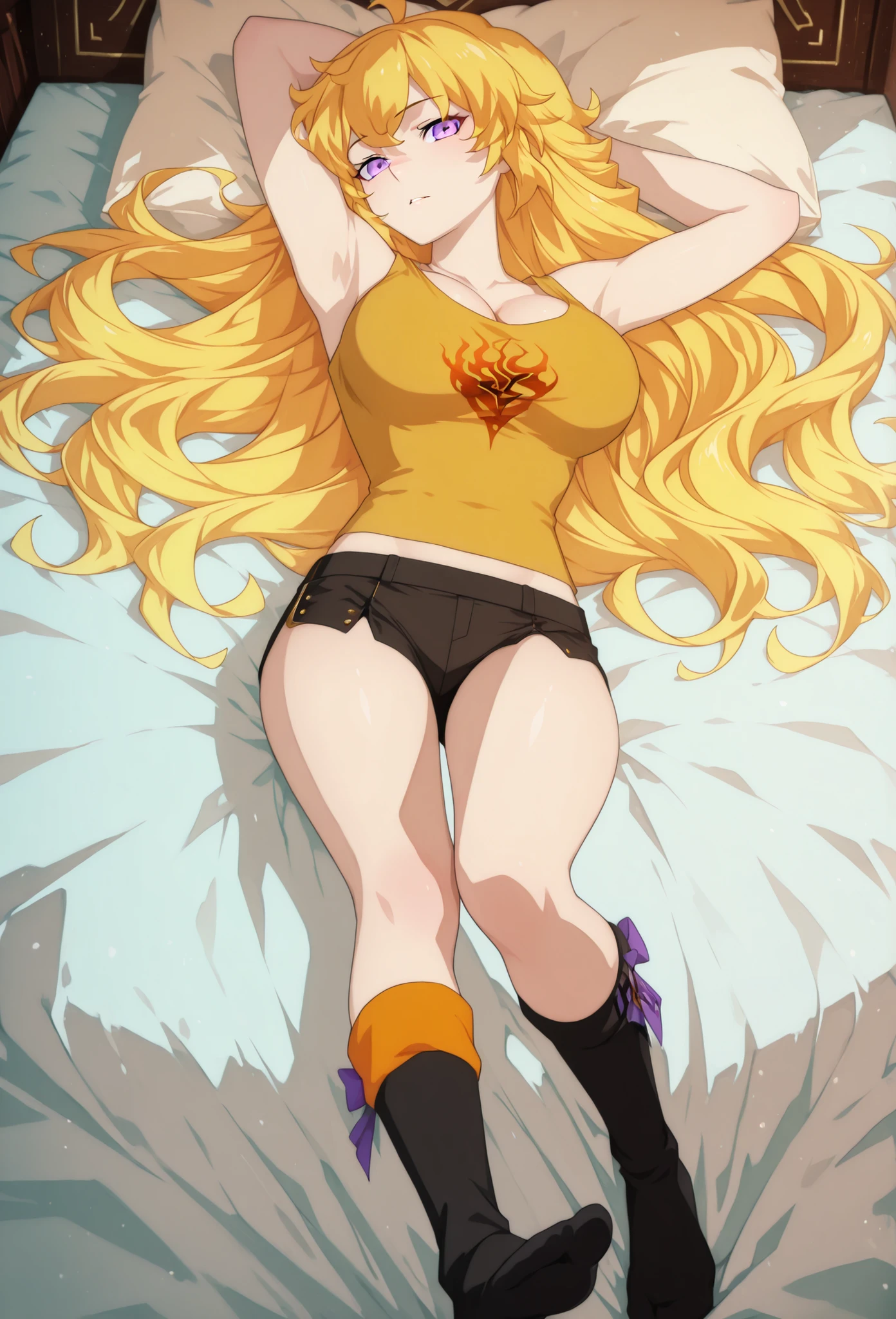 1 girl, solo character, single character, Yang Xiao Long from RWBY, full color, cel shading, vibrant colors, cartoon-style, teenage girl, clean lineart, cel shading, symmetrical face, front view, full body, 2D animation, laying in bed, very long wavy golden blonde hair, purple eyes, athletic yellow tank top with a flame emblem, black athletic short shorts, long socks, cute pose, alluring pose, innocent pose, above view, large natural , cleavage,  petite body, slim legs,