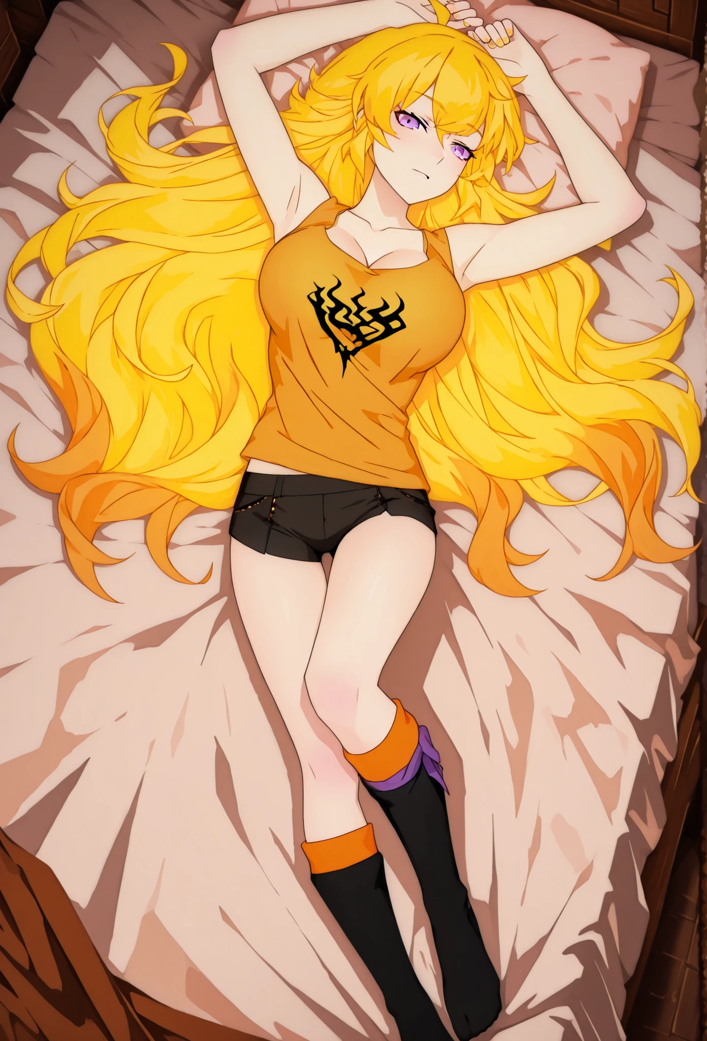1 girl, solo character, single character, Yang Xiao Long from RWBY, full color, cel shading, vibrant colors, cartoon-style, teenage girl, clean lineart, cel shading, symmetrical face, front view, full body, 2D animation, laying in bed, very long wavy golden blonde hair, purple eyes, athletic yellow tank top with a flame emblem, black athletic short shorts, long socks, cute pose, alluring pose, innocent pose, above view, large natural , cleavage,  petite body, slim legs,