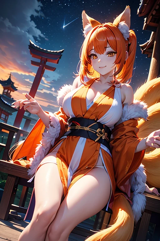 1 girl, long ginger hair, fox ears, only fox ears, carmine eyes, extremly detailed eyes, extremly detailed, blushing, (face perfect:1.1), (high detal:1.1), top-quality, huge breasts, sexy and seductive, wearing red and white erotic kimono, tall women, long flufy nine fox tails, multiple tails, thicc thighs, wide hips, smile, horny, absurdes, high res, ultra sharp, 8k, masterpiece, looking at viewer