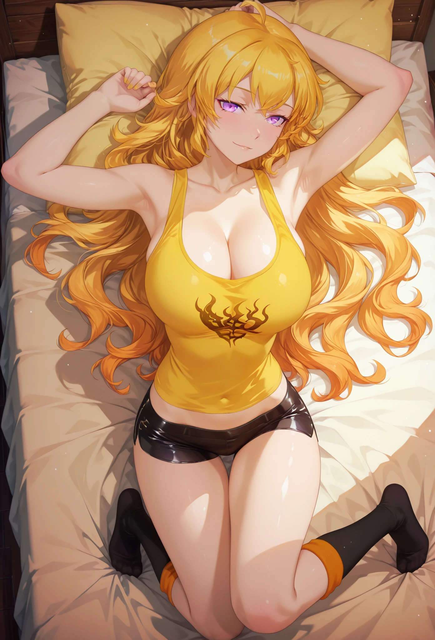 1 girl, solo character, single character, Yang Xiao Long from RWBY, full color, cel shading, vibrant colors, cartoon-style, teenage girl, clean lineart, cel shading, symmetrical face, front view, full body, 2D animation, laying in bed, very long wavy golden blonde hair, purple eyes, athletic yellow tank top with a flame emblem, black athletic short shorts, long socks, cute pose, alluring pose, innocent pose, above view, large natural , cleavage,  petite body, slim legs,
