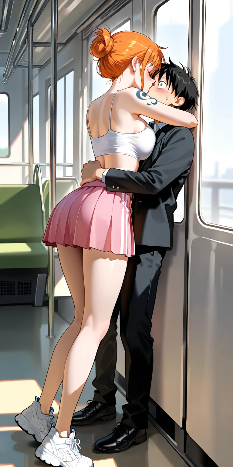 nsfw,hyperrealistic smooth anime,1boy,adult curvy gyaru,tanned gyaru,(young boy grabbing woman's buttocks),dark brown hair,earring,off-the -shoulder plain blouse,patterned short skirt,man groping woman,(blushed),at train,in heat,look at man,from behind
