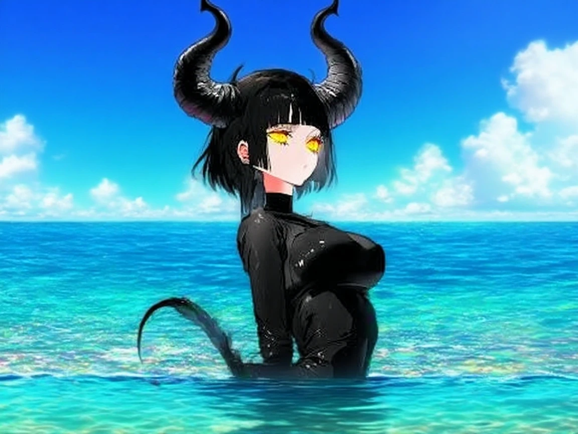 seductive naked lady with ample bosom and wearing no clothing, devil horns, black color scheme, black hair, blue eyes, smirk, sitting in water