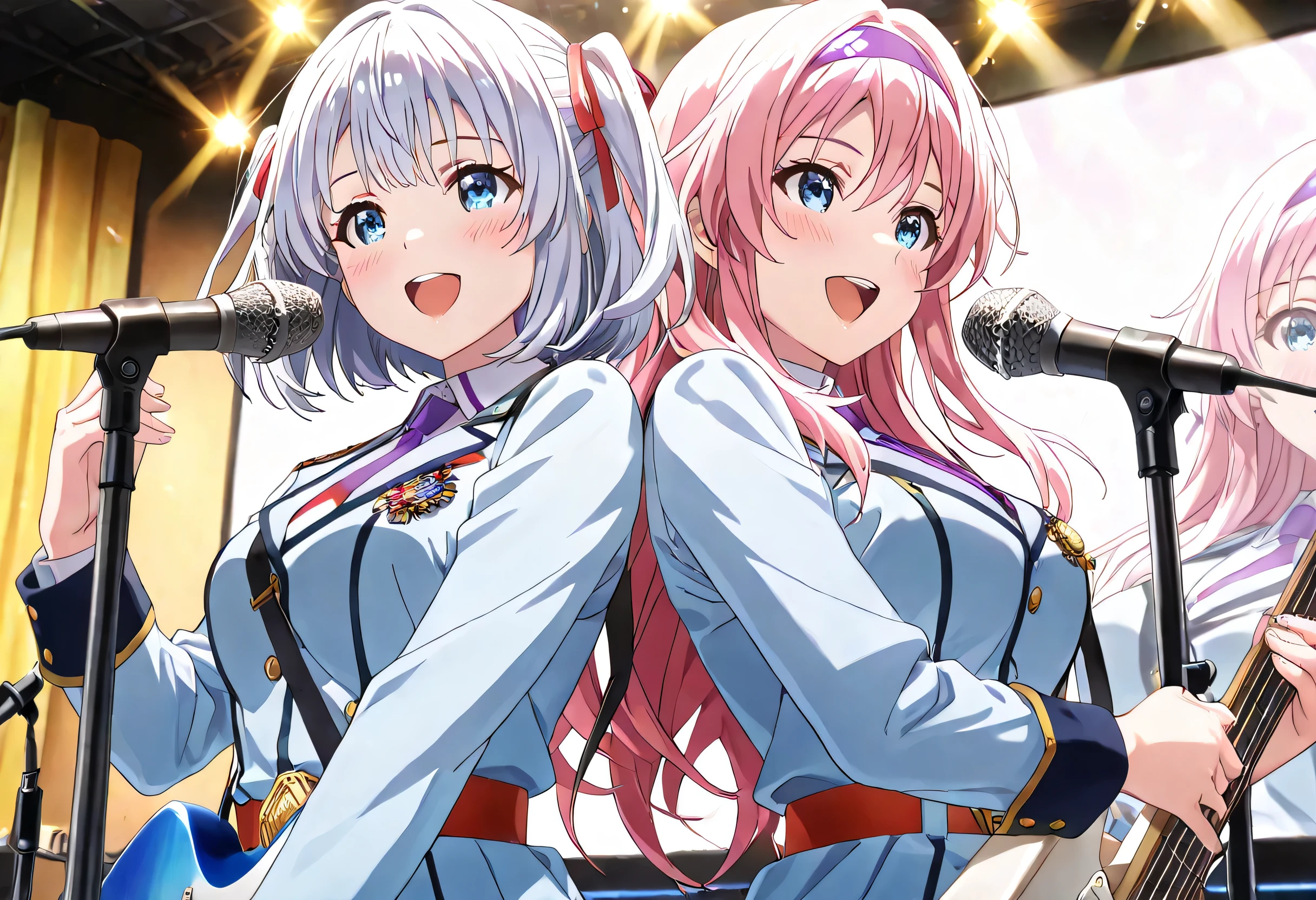 ((ultra-detailed)), (highly detailed CG illustration), (best quality:1.2), ultra-highly detailed, colorful composition, artistic photoshoot, 2girls, duo focus, Yuri:1.3, back-to-back:1.4, upper body:1.2, cowboy shot, moe anime character, super popular super idol:1.3, on idol stage, round face, rounded chin:1.2, short stature, french air force light blue uniform with gold decoration during World War II, white collar inner shirt, pale purple tie:1.4, medal on breast with red ribbon:1.3, sam brown belt with shoulder strap:1.3, BREAK
(Girl A is Yumeori:1.2), blue eyes, sagging eyes:1.3, pale pink hair color, bob cut, pale purple headband, middium breasts, open mouth, smile1.3, (microphone stand:1.4), electric_guitar, playing_instrument, singing in the live venue:1.4, BREAK
(Girl B is Marika:1.2), blue eyes:1.3, sagging eyes:1.3, silver hair:1.3, long hair, two side up, hair ribbon with black, ample breasts, smile1.3, electric_bass, playing_instrument, BREAK
enthusiastic audience, shoot from below, dynamic pose, contrapposto pose, best quality, masterpiece, expecting, pink cheek, blush, light pink gloss slip, portrait, depth of field, shining lighting, sidelighting, shine, lighting, caustics, ray tracing, perfect face, lustrous skin, highly detailed face, highly detailed eyes, perfect face, perfect nose, perfect hair, perfect eyes, perfect anatomy, beautiful hair, beautiful small face, extremely detailed face, beautiful detailed eyes, beautiful clavicle, beautiful body, beautiful breasts, leavage, breasts squeezed together, equalize the size of the left and right breasts, beautiful thin thighs, beautiful legs, beautiful fingers, 4 fingers, 1 thumb, lovely, (very detailed background:1.0), (highly detailed background:1.0), intricate details, enthusiastic atmosphere, colorful and sparkling colors palette, chromatic aberration