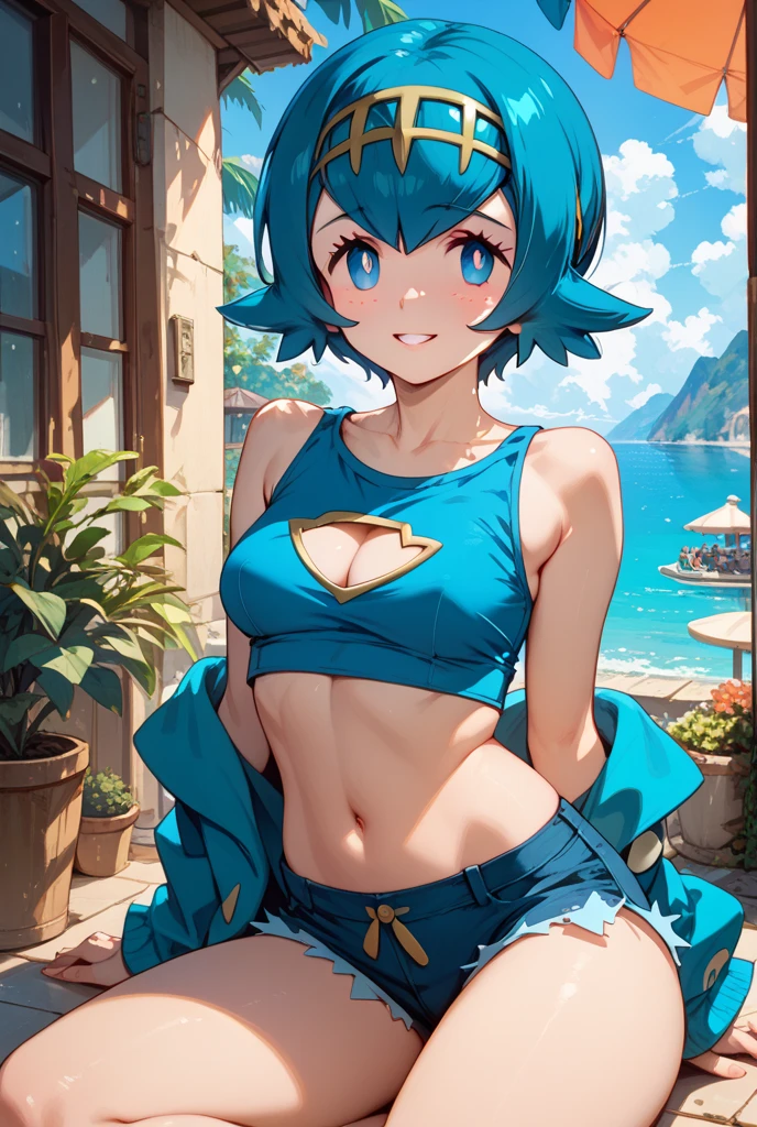 whole body,smile,Big Breasts, (((masterpiece))), (((最high quality))), ((8k)), (Advanced Details), (high quality), (High resolution), Sexy pose,Lana/pokemon,Blue Hair,Shortcuts,Golden hair ornament,Tropical,Elevate your legs,