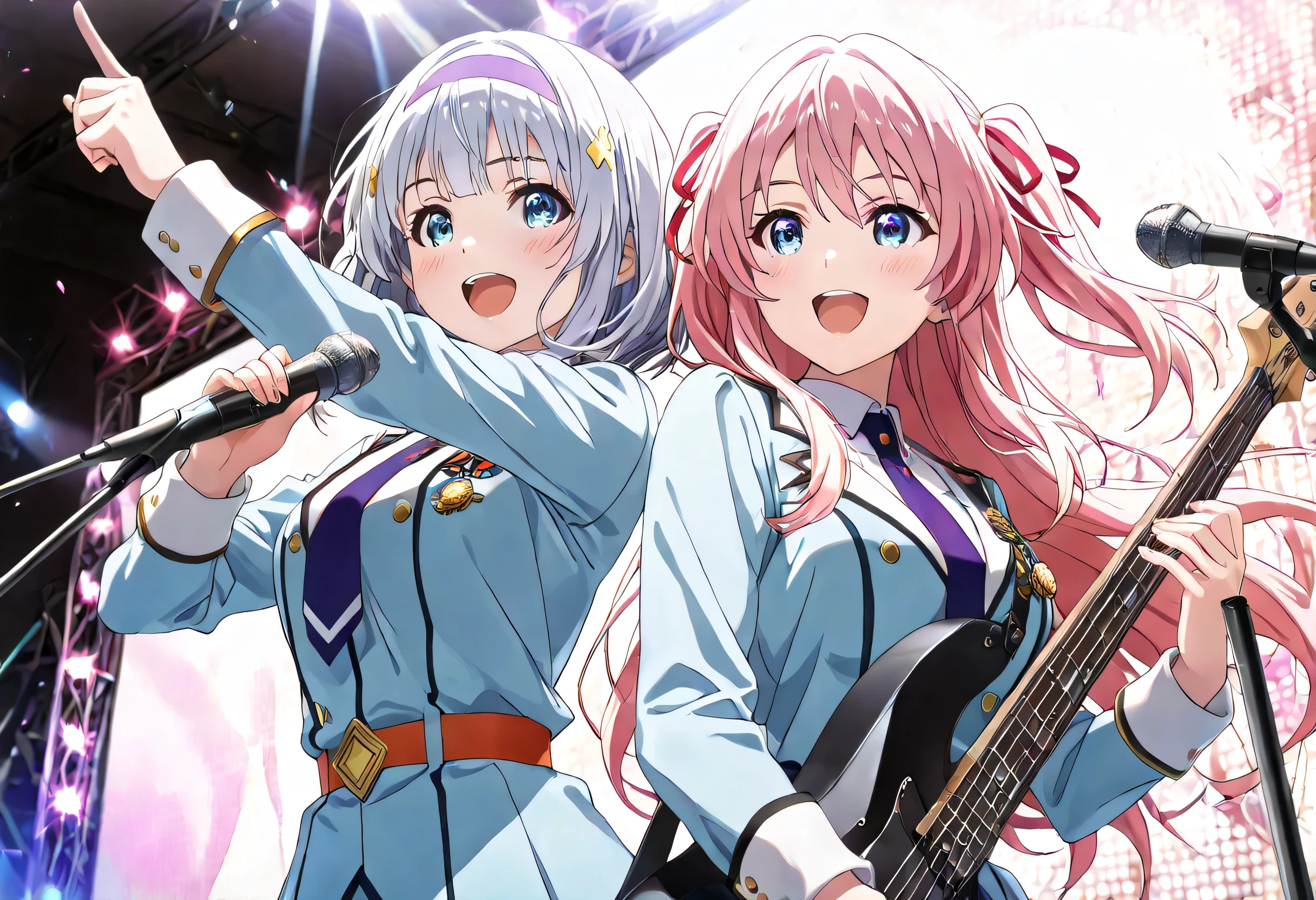 ((ultra-detailed)), (highly detailed CG illustration), (best quality:1.2), ultra-highly detailed, colorful composition, artistic photoshoot, 2girls, duo focus, Yuri:1.3, back-to-back:1.4, upper body:1.2, cowboy shot, moe anime character, super popular super idol:1.3, on idol stage, round face, rounded chin:1.2, short stature, french air force light blue uniform with gold decoration during World War II, white collar inner shirt, pale purple tie:1.4, medal on breast with red ribbon:1.3, sam brown belt with shoulder strap:1.3, BREAK
(Girl A is Yumeori:1.2), blue eyes, sagging eyes:1.3, pale pink hair color, bob cut, pale purple headband, middium breasts, open mouth, smile1.3, (microphone stand:1.4), electric_guitar, playing_instrument, singing in the live venue:1.4, BREAK
(Girl B is Marika:1.2), blue eyes:1.3, sagging eyes:1.3, silver hair:1.3, long hair, two side up, hair ribbon with black, ample breasts, smile1.3, electric_bass, playing_instrument, BREAK
enthusiastic audience, shoot from below, dynamic pose, contrapposto pose, best quality, masterpiece, expecting, pink cheek, blush, light pink gloss slip, portrait, depth of field, shining lighting, sidelighting, shine, lighting, caustics, ray tracing, perfect face, lustrous skin, highly detailed face, highly detailed eyes, perfect face, perfect nose, perfect hair, perfect eyes, perfect anatomy, beautiful hair, beautiful small face, extremely detailed face, beautiful detailed eyes, beautiful clavicle, beautiful body, beautiful breasts, leavage, breasts squeezed together, equalize the size of the left and right breasts, beautiful thin thighs, beautiful legs, beautiful fingers, 4 fingers, 1 thumb, lovely, (very detailed background:1.0), (highly detailed background:1.0), intricate details, enthusiastic atmosphere, colorful and sparkling colors palette, chromatic aberration