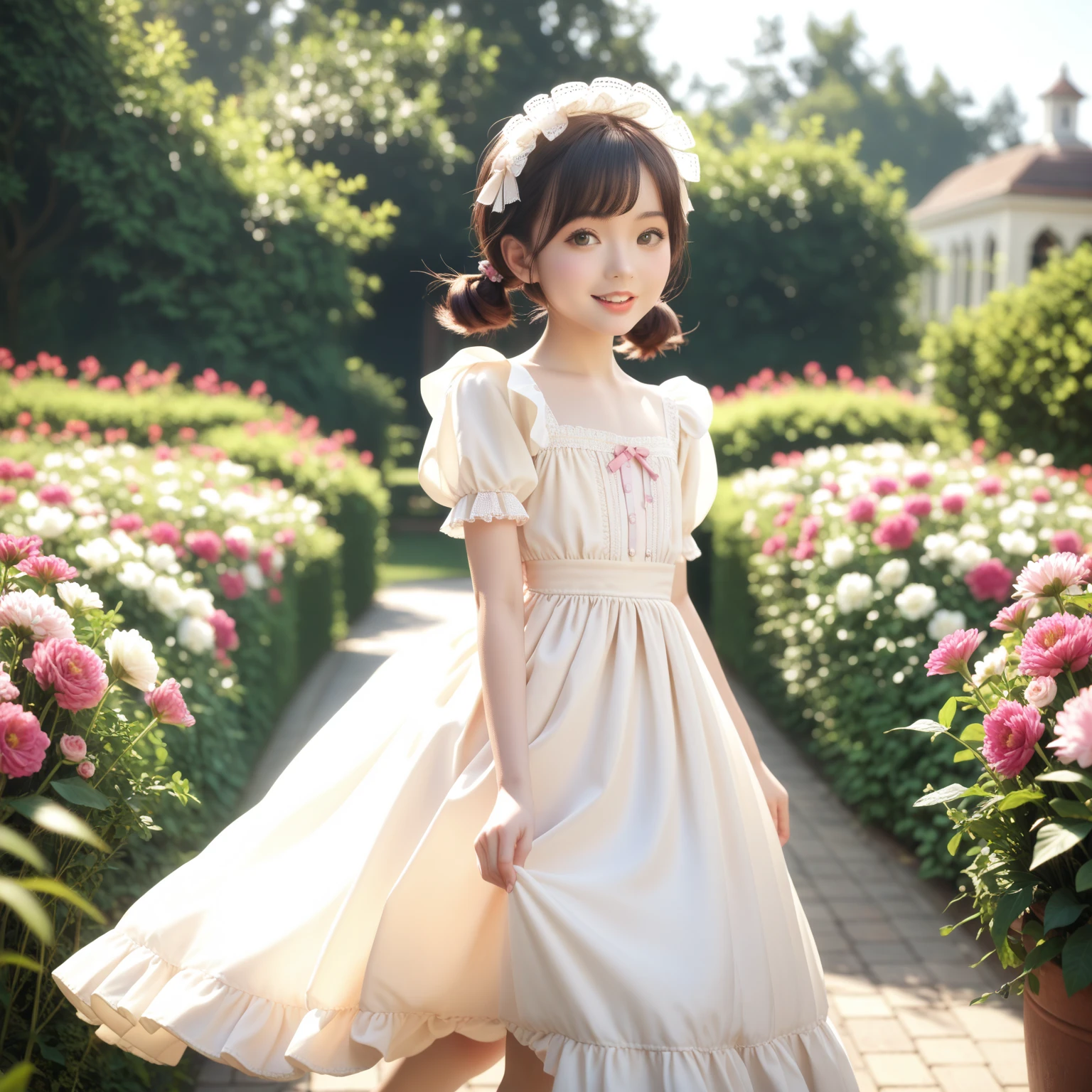 masterpiece, best quality, lissa, hair ornament, bonnet, frilled dress, white thighhighs, boots, standing, smile, white flowers, from side, hands at chest, trees, spring 
