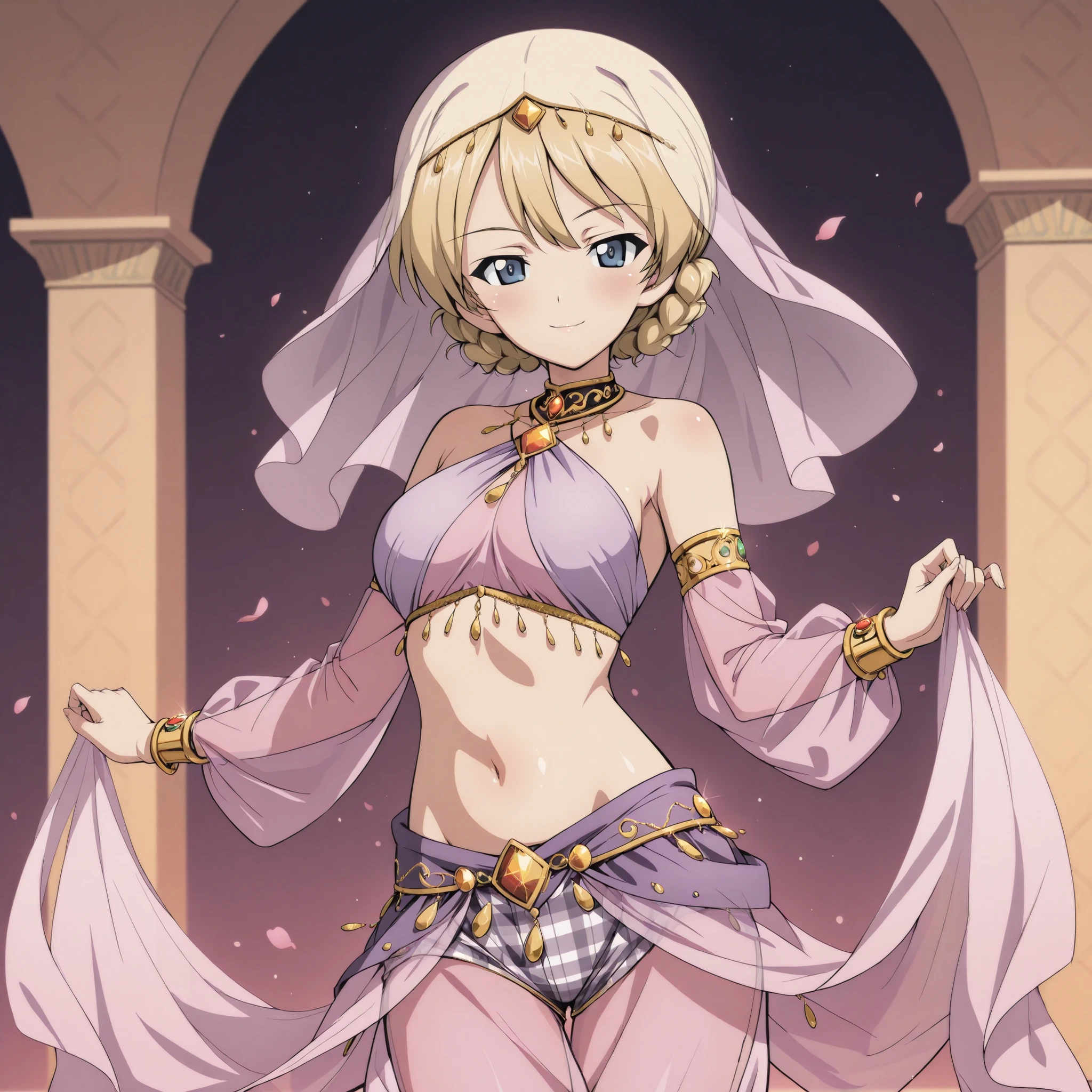 1girl:1 . 5) , (Seul:1 . 5) , score_9 , score_8_haut , score_7_haut , source_anime , Official work  , ultra-detailed , masterpiece , best quality plaid shorts , high res , beaux yeux , detailed eyes , Detailed Face , beautiful detailed eyes ,Girls Und Panzer,Darjeeling, Arabian Clothes , Arabian Dancer ,belly dancer costume , veil , golden jewelery,harem outfit, harem skirt, harem pants, transparent pants, belly dancing, harem veil , arabian garden , seductive smile, dancing with veil, dynamic movement, seductive pose