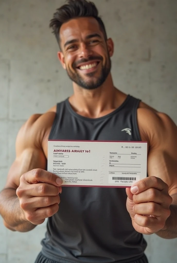 Strong and muscular mixed race man, smooth-faced and short-haired, in white underwear, Grinning, showing a credit card with red and black colors, written on it “RIBEIRO CARD” in capital letters.