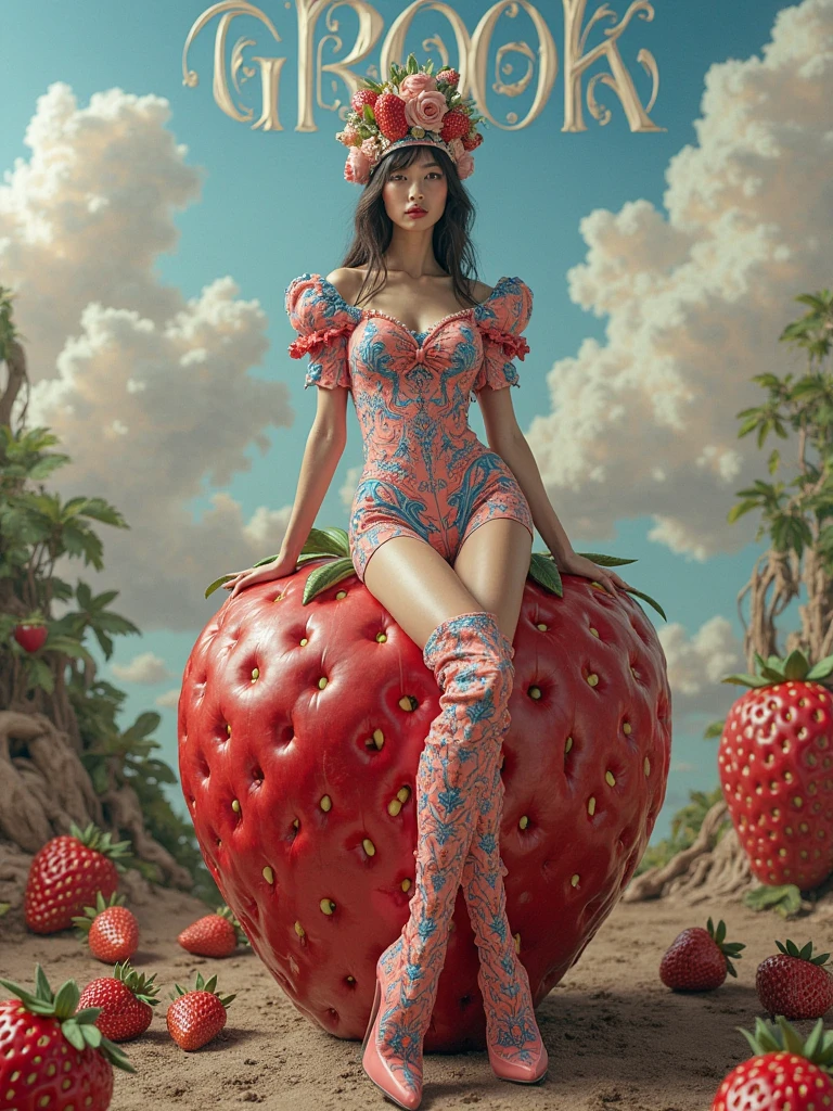 (((UHD))), (((masterpiece))), (((8k))), (((highres))), (((Surrealism))), (((cinematic lighting))), god rays, zoom layer, (((cowboy shot))), f/4.0, Canon, Goddess of Strawberry printed Panties, A garden where colorful flowers bloom profusely, shiny skin,detailed skin,detailed face, detailed eyes, with waves of curled red hair, Nudity, Bare chest, No Top, Topless, show off nipples, small nippless, strawberry printed panties, pink ballet shoes, large earrings shaped like strawberries. slender pink bracelet on her wrist, strawberry fields, and fruit trees, with the gentle sunlight pouring down