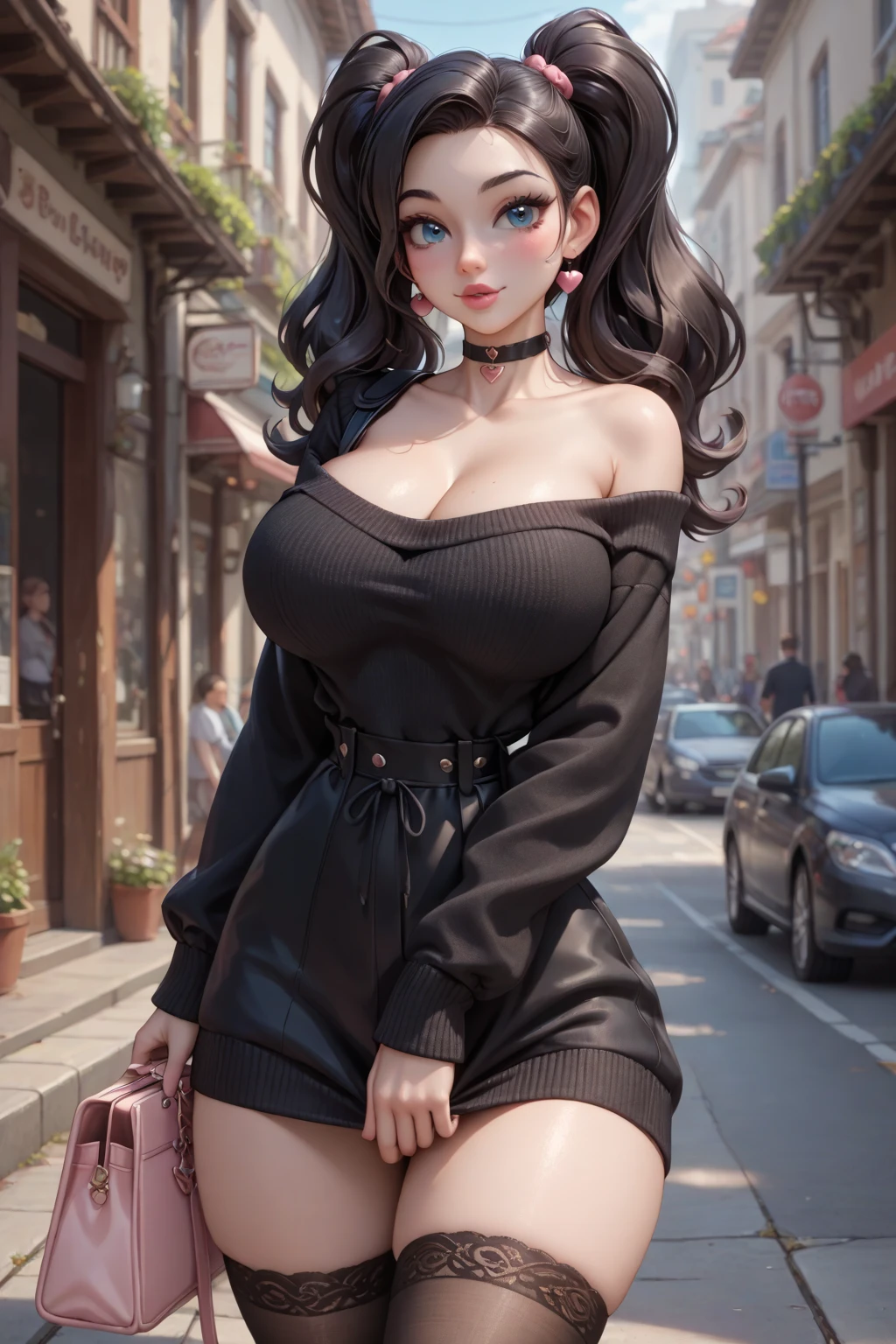 Beautiful breasts, 1 girl, ((fluffy black hair with bangs)) ((Beautiful girl)) greenish eyes, with medium breasts and a thin waist, and voluptuous body, gothic clothes made of light fabric, thin strap, gothic skirt, there is a bold looks with dark makeup, cute looks, expression with sweet smile, pendant, Japan, in front of a masochistic store, store entrance, she in a leaning pose (best quality, ultra-detailed, photorealistic: 1.39), Face of naughty 18 year old teenager, bright and vibrant colors, studio lighting, romantic expression,