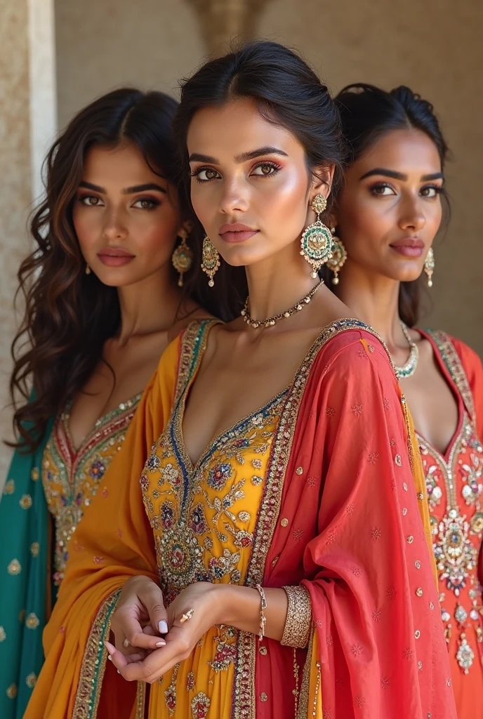 4k, 8k, masterpiece, best quality, looking at viewer, three indian hot women, fair skin tone, seductive expression on the face of all women, one is 18 years old wearing a seductive golden sari, second is 22 years old wearing seductive green sari, third is 26 years old wearing a seductive red sari