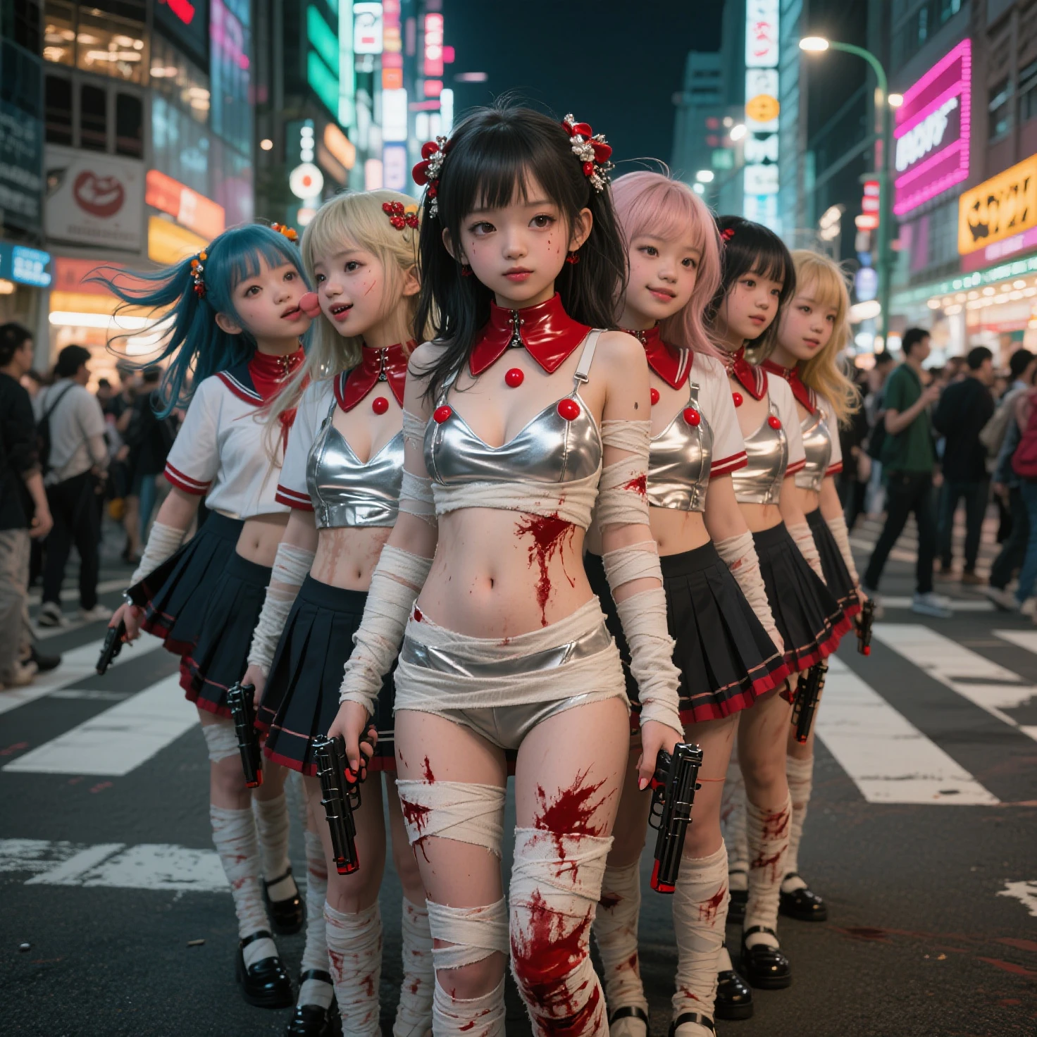 (((SFW, NSFW STILL SHOW, 12 Tiny Girls in a row:1.2, Shibuya Hachiko-mae scramble crossing on Halloween:1.2))), ((masterpiece:1.2, best quality, photorealistic:1.37)), {(Standing Full Body:1.2)|(from below:1.2)}, bandaged full body, { (bandaged head| bandaged limbs | Blood is dripping from the crotch) }, {((naked bandage))|metallic red nipple stickers}, {((bloody))|blood paste|(Blood-stained bandages)}, ((Detailed KAWAII face, Detailed glistening ivory skin)), {Bustling street|Crossroads|(Passerby schoolgirls)| halloween| neon}, {(Childish:1.2|Gigantic Cleavage:1.37|Underboob:1.2)}, {Red leather high collar| random weapons|shotgun|random hair colors}, {Floating hair|Strong wind|(((Ass focus)))}, Skirtlift, {(Kissing face to face)|:p|:d|laugh|sparkle|joyful|delighted|Drunk},extremely Detailed,