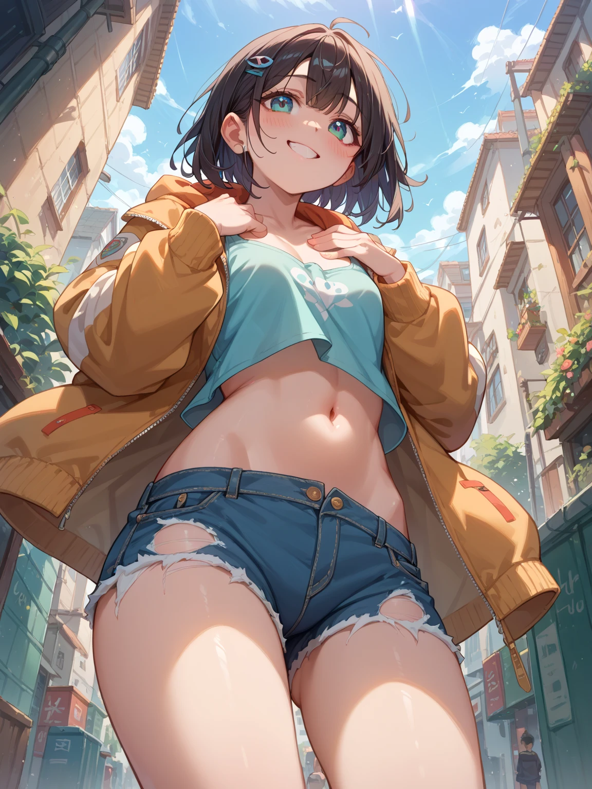 (masterpiece、Highest quality、Highest quality、Official Art、Beautiful and beautiful:1.2)、(One girl:1.3)Hatsune Miku、Twin tails,Beautiful breasts,((medium breast, tomboy girls, small head)), daylight, sunlight, (chiseled abs : 1.1), (perfect body : 1.1), (short wavy hair : 1.2) , auburn hair, collar, chain, full body shot, crowded street, wearing black tanktop, jeans jacket, ((shorts)), (extremely detailed CG 8k wallpaper), (an extremely delicate and beautiful), (masterpiece), (best quality:1.0), (ultra highres:1.0),  beautiful lighting ,perfect lightning, realistic shadows, [highres], detailed skin, ultra-detailed