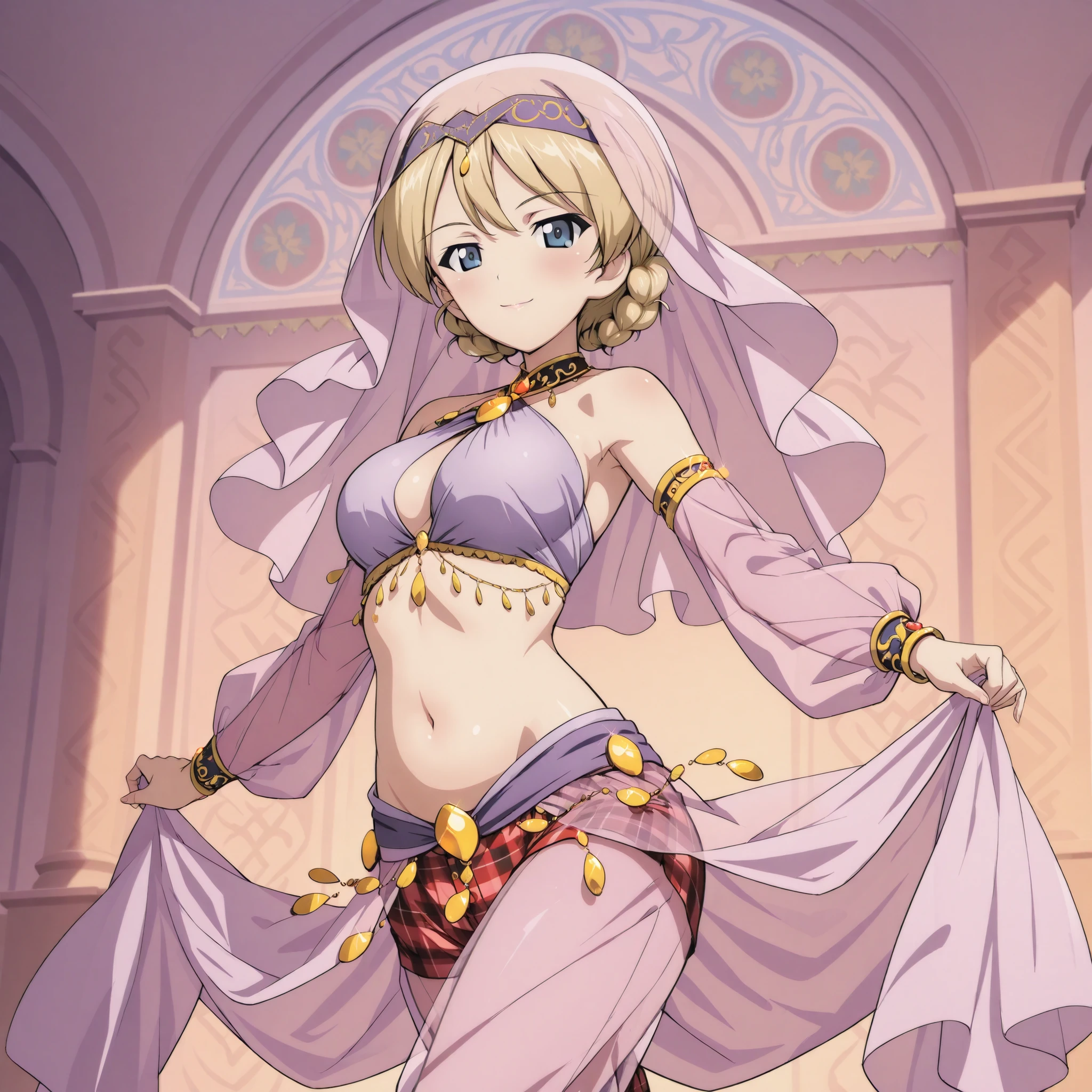1girl:1 . 5) , (Seul:1 . 5) , score_9 , score_8_haut , score_7_haut , source_anime , Official work  , ultra-detailed , masterpiece , best quality plaid shorts , high res , beaux yeux , detailed eyes , Detailed Face , beautiful detailed eyes ,Girls Und Panzer,Darjeeling, Arabian Clothes , Arabian Dancer ,belly dancer costume , veil , golden jewelery,harem outfit, harem skirt, harem pants, transparent pants, belly dancing, harem veil , arabian garden , seductive smile, dancing with veil, dynamic movement, seductive pose