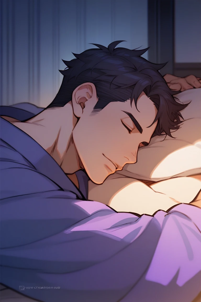 One Man, Black Hair, Short Hair, Purple Eyes, White shirt, Lie face down on the bed, Black trousers, clavicle, Smile, anime, Cinema Lighting, UHigh resolution, masterpiece, Accurate, Anatomically correct, Super Detail, high quality, 1080P, 8k, High resolution
