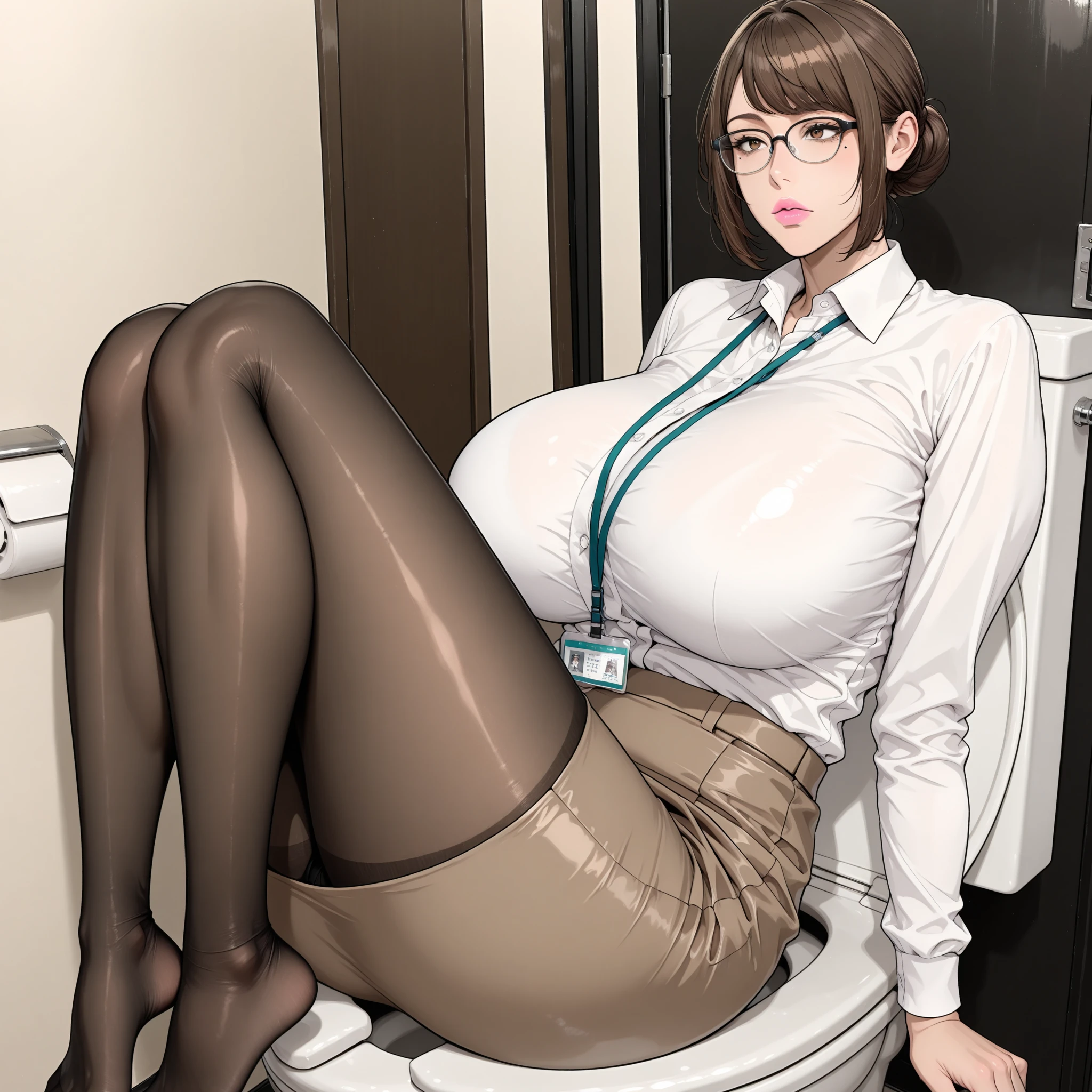 ((One woman)),Mature Woman:1.2,30-year-old female,((Huge breasts:1.5,Sagging breasts:1.3)),A woman sitting on the toilet with her legs spread apart,blindfold、,Sit on the toilet with your legs spread,Bow-legged,((Red and black pants and bra))、Beautifully decorated underwear、Precision decoration,Black Hair,Shortcuts,Bobcut、Wearing clothes、(Black suit and white shirt、Underneath is a black skirt)、Suit Style、Black high heels、Photographed from the front、tongue out、panty shot、naughty face、skirt suit、secretary、panties under pantyhose