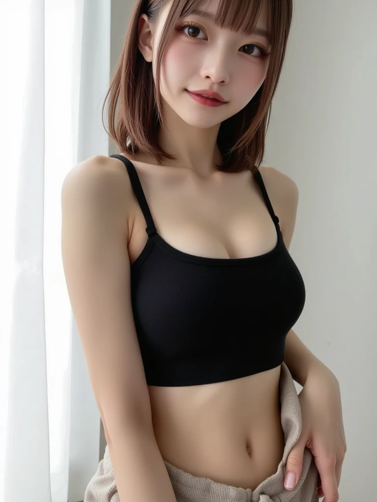 Skin Tight gray see through Top:1.2, very short mini tightly gray panties, Looking at Viewer confidence , Perfect Beauty, High resolution skin:1.2, detail skin texture, 30 years old mature thailand woman、a sexy face, sexy seductive sensual look、no-makeup、, off shoulders,Bust B Cup、 Exposed cleavage, brown eyes, dark brown layered hair、bright spotted background、full.body, waist up pose , pose 1.4 to camera , various shot angle , sexy satisfied look to camera, facing front ,, she is grabbing her sensually