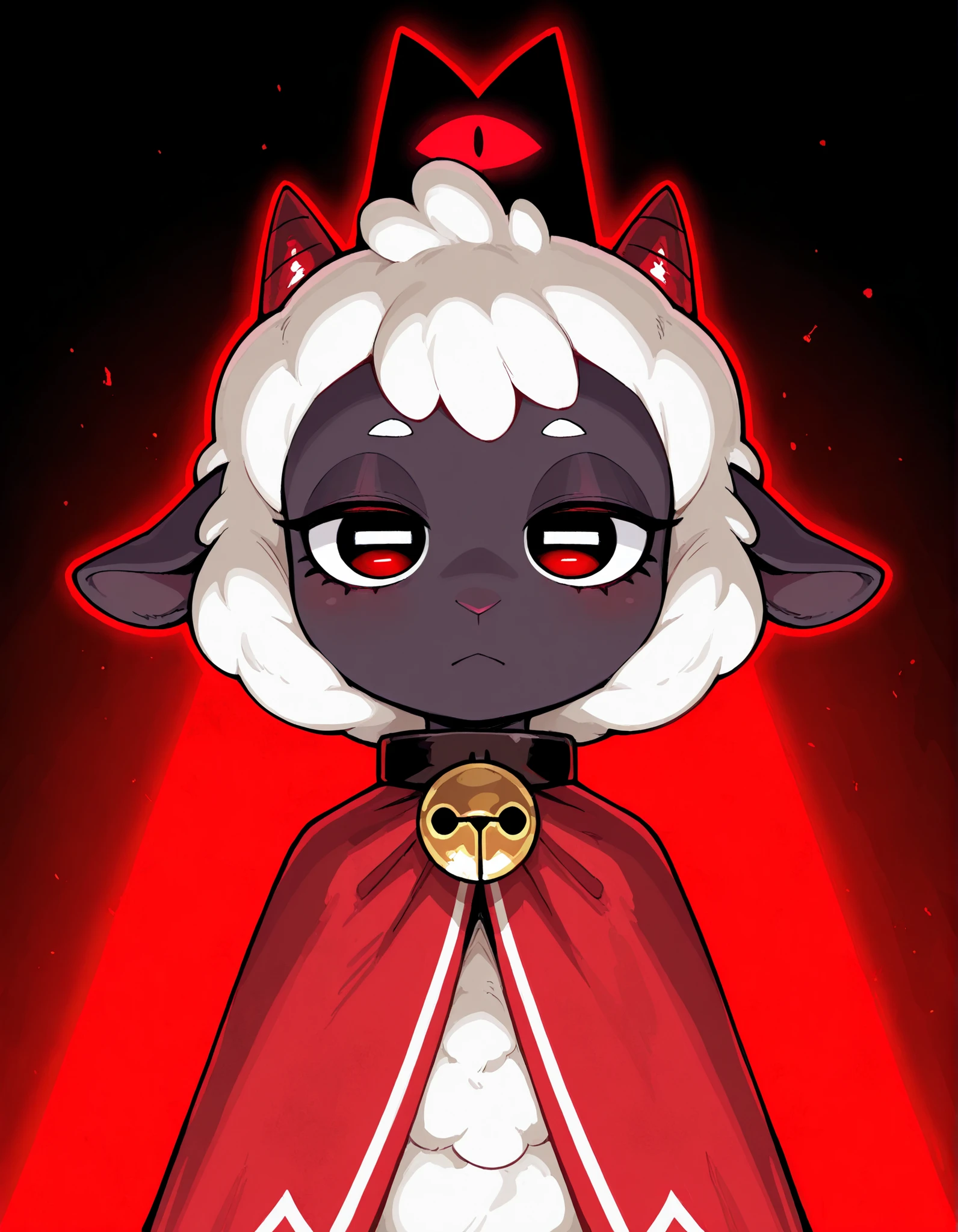 ,, masterpiece, best quality, very aesthetic, 1girl, solo, cult of the lamb, sheep girl, collar, horizontal pupils, red/black eyes, red crown,