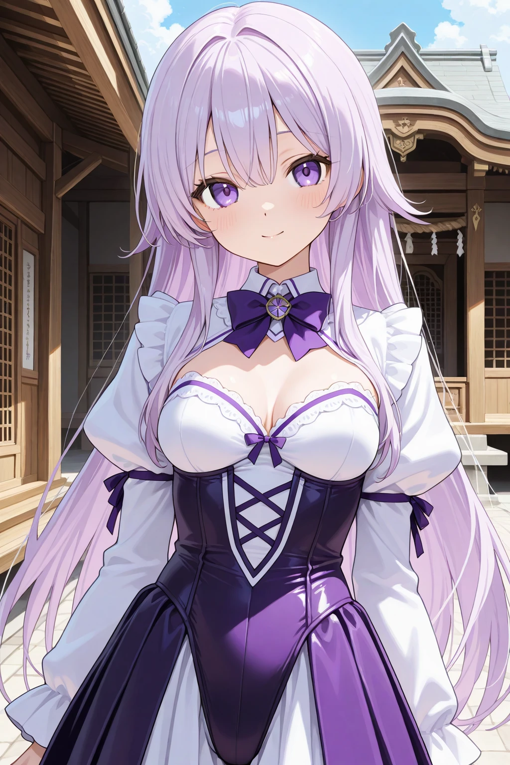 masterpiece, best quality, highres, bbtama, long hair, twintails, twin braids, white ribbon, animal ears, large breasts, bare shoulders, cleavage cutout, see-through, white dress, collared dress, sleeveless, elbow gloves, white gloves, white thighhighs, <lora:quon_tama_v1:0.7>, walking, cowboy shot