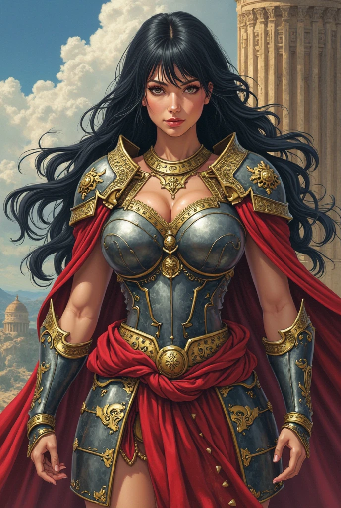 Gorgeous and sultry busty athletic (thin) brunette with sharp facial features and (huge ) wearing a red and black dress, long sleeves, bracers, corset, gold trim, sorceress attire.  Castle courtyard.
