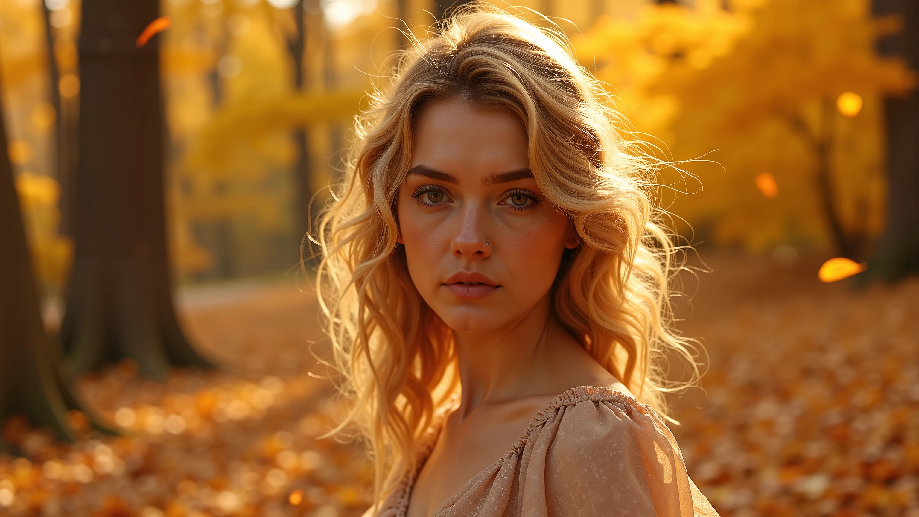 romantic autumn atmosphere {x} beautiful Slavic woman with blond curls among golden trees, around, gentle face with subtle features, golden highlights on her hair, directed at the viewer, deep exciting gaze, leaf fall, light dress flutters in the wind, soft lighting, magical glow in the eyes, aerial composition , photorealistic style, 8k