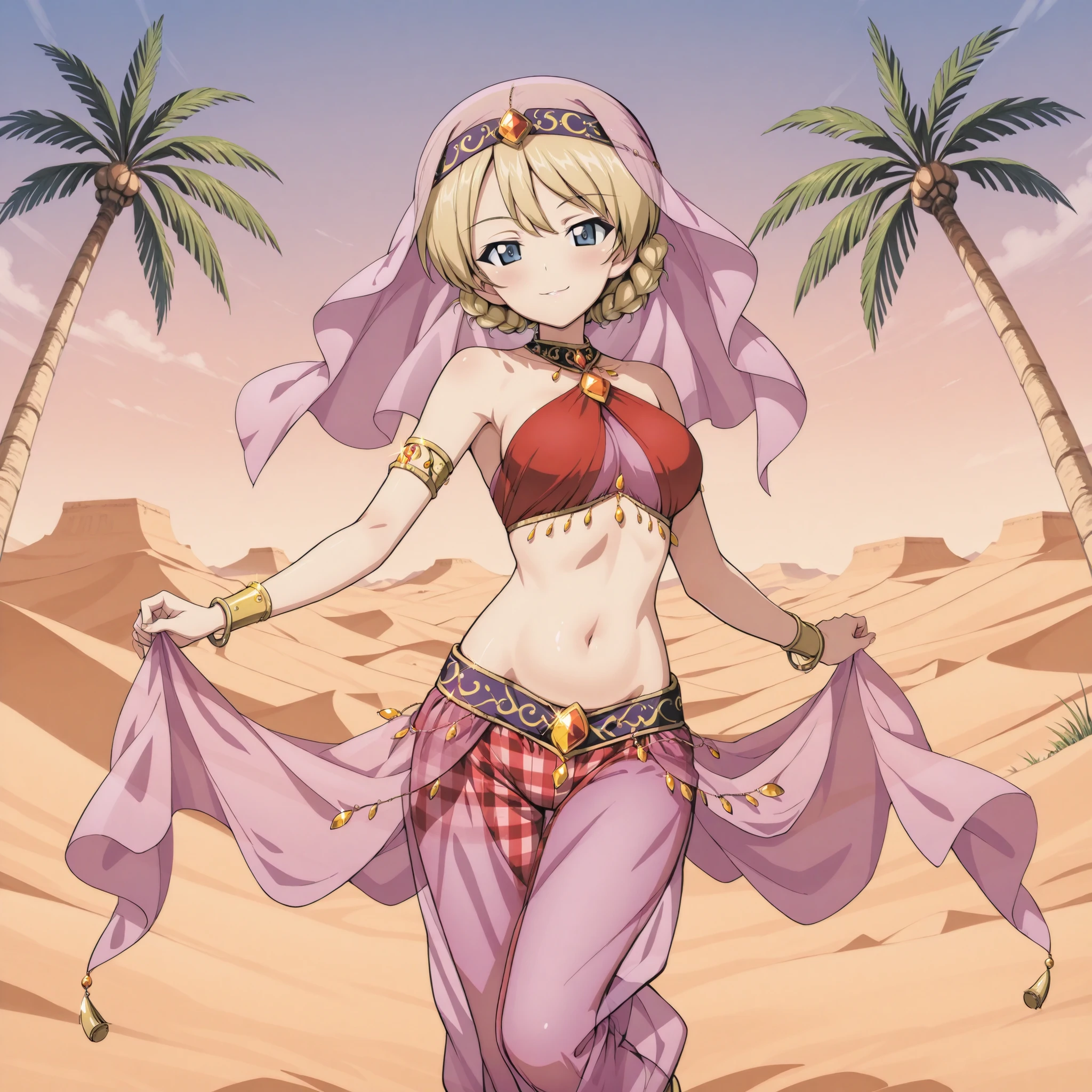 1girl:1 . 5) , (Seul:1 . 5) , score_9 , score_8_haut , score_7_haut , source_anime , Official work  , ultra-detailed , masterpiece , best quality plaid shorts , high res , beaux yeux , detailed eyes , Detailed Face , beautiful detailed eyes ,Girls Und Panzer,Darjeeling, Arabian Clothes , Arabian Dancer ,belly dancer costume , veil , golden jewelery,harem outfit, harem skirt, harem pants, transparent pants, belly dancing, harem veil ,desert landscapse, palm tree , seductive smile, dancing with veil, dynamic movement, seductive pose