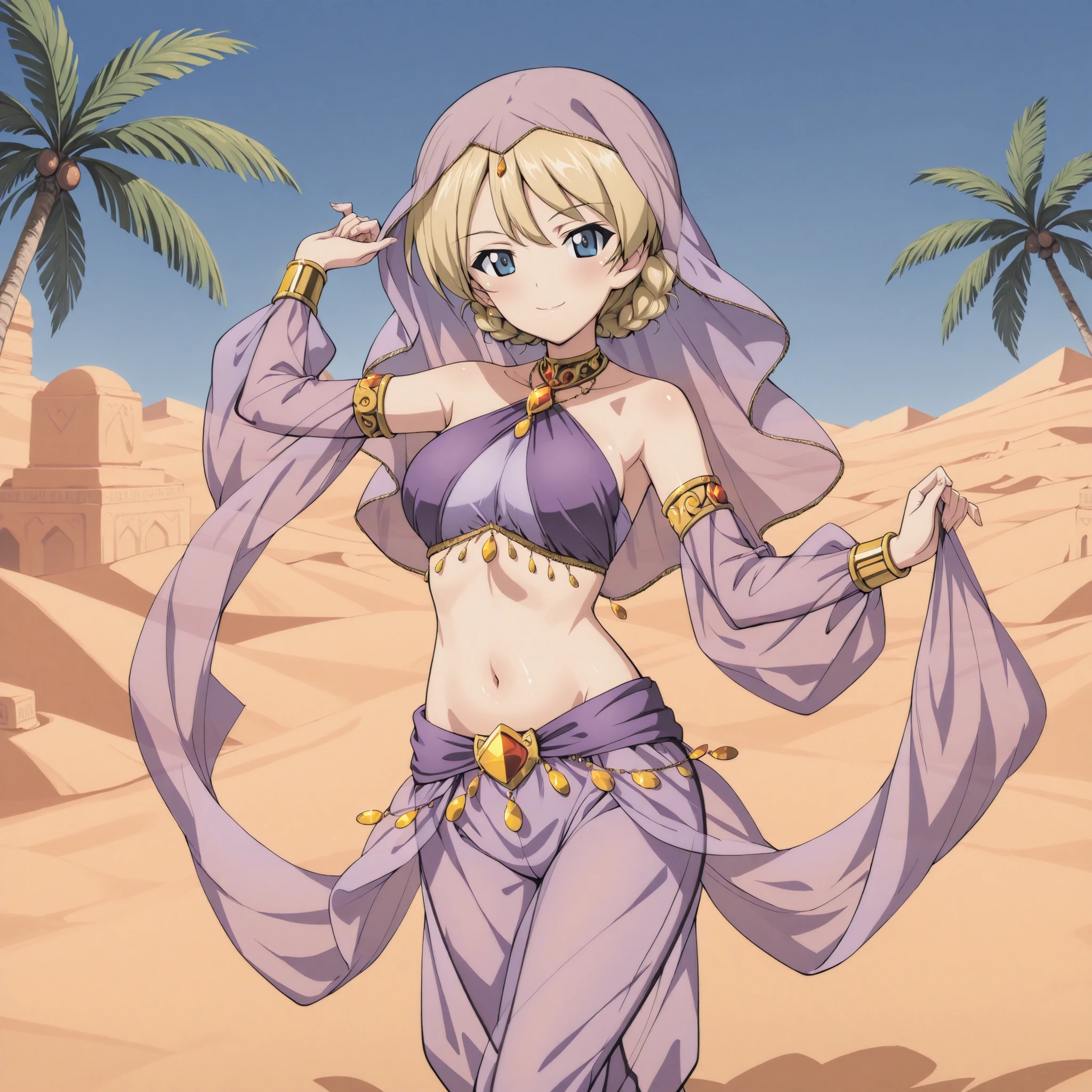 1girl:1 . 5) , (Seul:1 . 5) , score_9 , score_8_haut , score_7_haut , source_anime , Official work  , ultra-detailed , masterpiece , best quality plaid shorts , high res , beaux yeux , detailed eyes , Detailed Face , beautiful detailed eyes ,Girls Und Panzer,Darjeeling, Arabian Clothes , Arabian Dancer ,belly dancer costume , veil , golden jewelery,harem outfit, harem skirt, harem pants, transparent pants, belly dancing, harem veil ,desert landscapse, palm tree , seductive smile, dancing with veil, dynamic movement, seductive pose