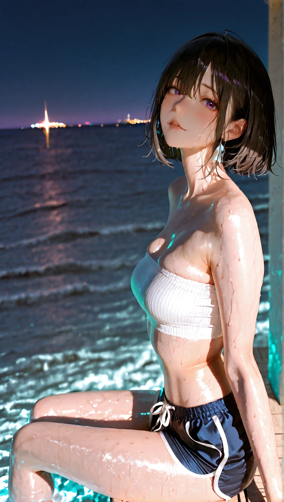 nsfw, girl, full body, standing, 20 years old, smart body, brown hair, medium hair, wave hair, white bikini, high detailed real eye, high quality eye, double eyelid, high detailed real skin, high quality skin, sweaty skin, professional lighting, real shadow, masterpiece, (((topless))), cameltoe, beach side, Water's Edge, sunset,