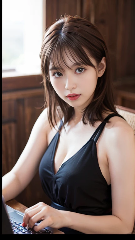 Highly detailed CG Unity 8K wallpaper, best quality, Super detailed, On the table, actual, photo-actual, Detailed cute girl, 25 years old, ,, whole body, ,Large Breasts,Black eyes,rubber dress