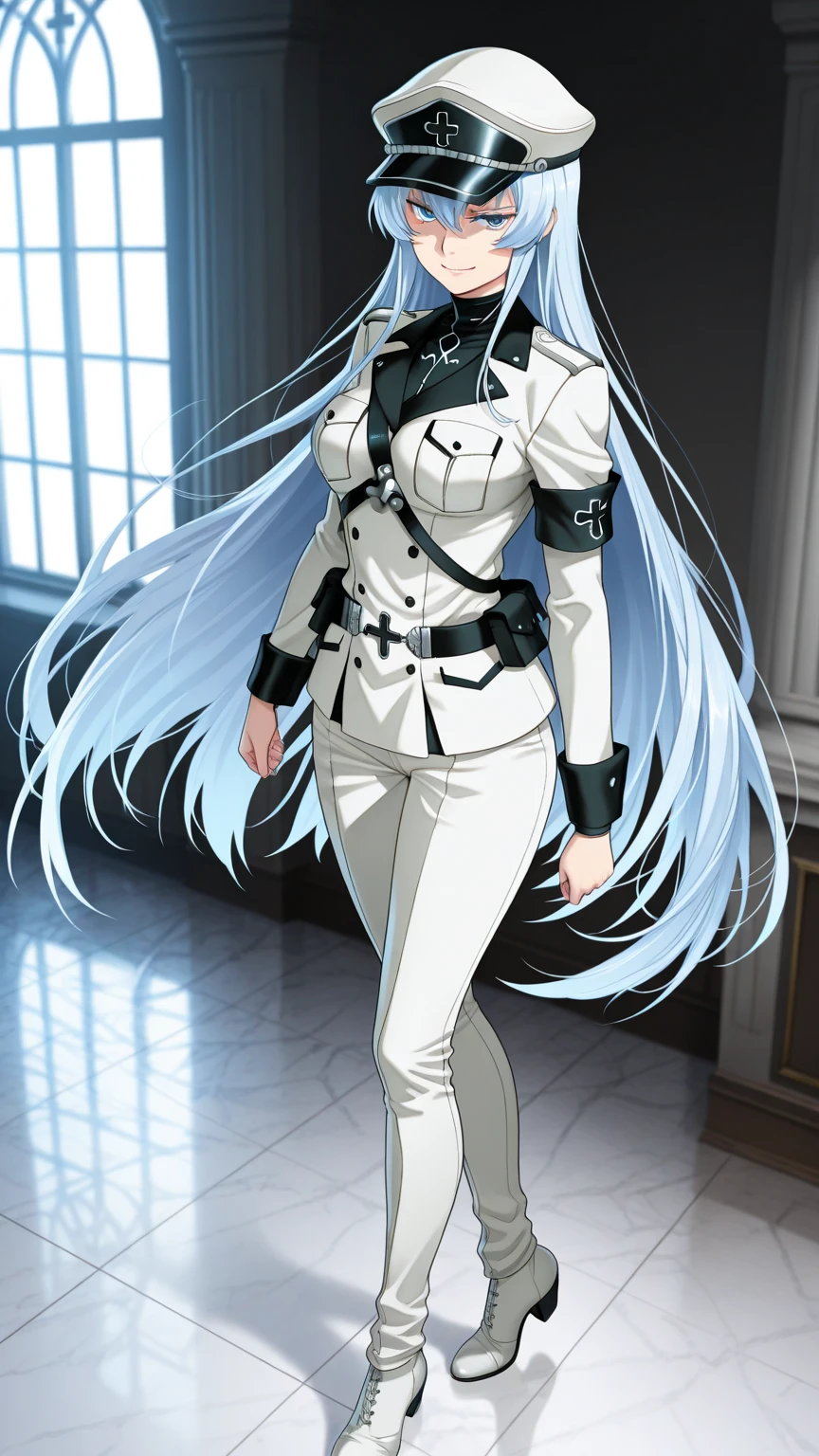 (masterpiece, best quality),  intricate details,
1girl,  edelgard, white hair, purple eyes, hat, peaked cap, military, uniform, military uniform, choker, thighhighs, boots, thigh boots, white footwear, chest tattoo, 
