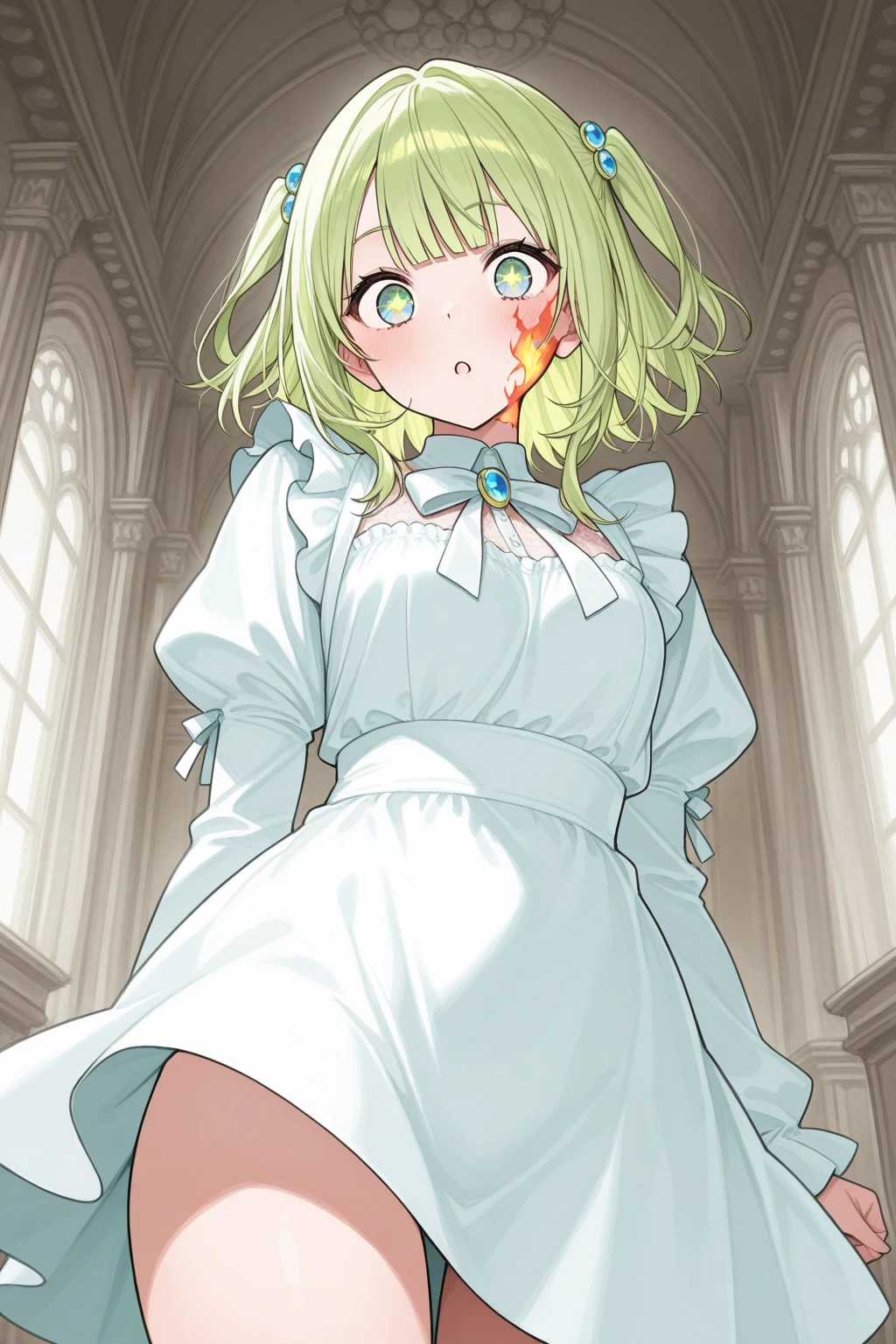 {artoria pendragon_fate ubw:1.15},blond hair, beautiful dark green_eyes, , ((Strong light )) , 1 girl,, alone,((surprised eyes:1.5)), hair between eyes,(wet white lace panties:1.5),show off white lace panties, bare shoulders,, cleavage, thighhighs, ((( ponytail))), ((torn wet white shirt, topless:1.5)) , beautiful light, , close up face:0.2, detail navel , detail thin thigs, , ((sitting on green liquid:1.8)), nsfw,(ecstasy:1.8) ,(slut:1.6),(vulgarity:1.7),(fucked silly:1.8),(steam:1.5),(wet:1.5),(trembling:1.5),(Turning the face side to side:1.5) ,(drooling:0.6),(sweat:1.5),closed mouth:0.8, wince,(orgasm:1.7), trembling:1.8, beautiful upper body, Beautiful body, beautiful character design, perfect eyes, Perfect face, expressive eyes, Turning the face side to side,(church:1.5),in the center of the image, official art,High Definition CG Unity, Perfect lit, bright_front_face_lit, ,(Highest_quality:1.0),4k,Super detailed, photograph, 8K, nffsw, High resolution, absurd:1.2, kodak portrait 400, film grain, Lens flare, (lively_color:1.2) (beautiful,small breasts:1.4), (beautiful_face:1.3),(narrow_waist),blush, ((detail nipple)),,saber, dress, pony tail