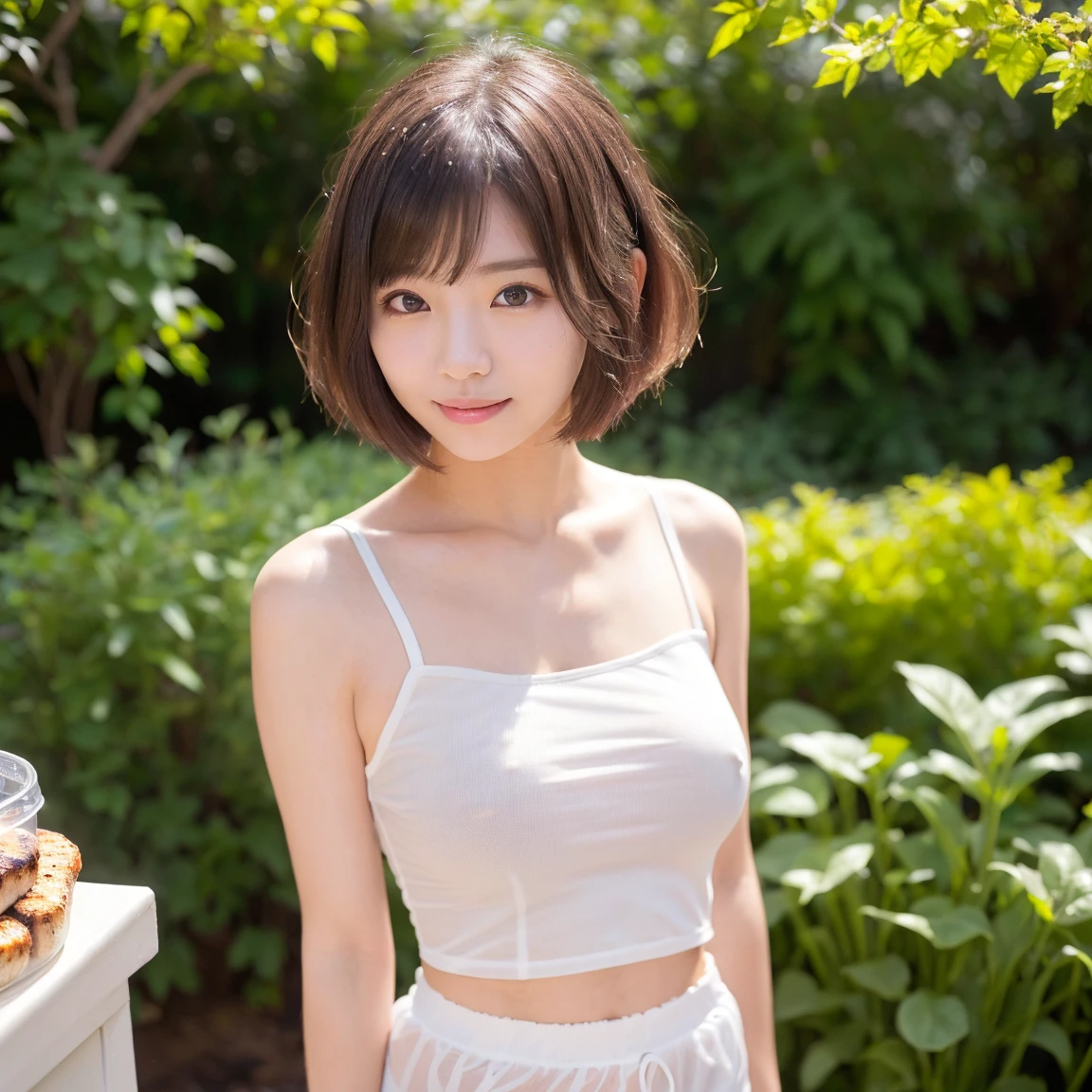 ((of the highest quality, 8K, masutepiece: 1.3, Raw photo)), Sharp Focus: 1.2, (1 AESPA Girl :1.1), (Solo: 1.2), (Realistic, Photorealistic: 1.37), (Face Focus: 1.1), Cute face, hyper detailed face, Small breasts, flat chest, Short messy hair, Small Smile, nude, thighs, sitting, (camisole: 1.2), cafe, from below, flower, Cattleya