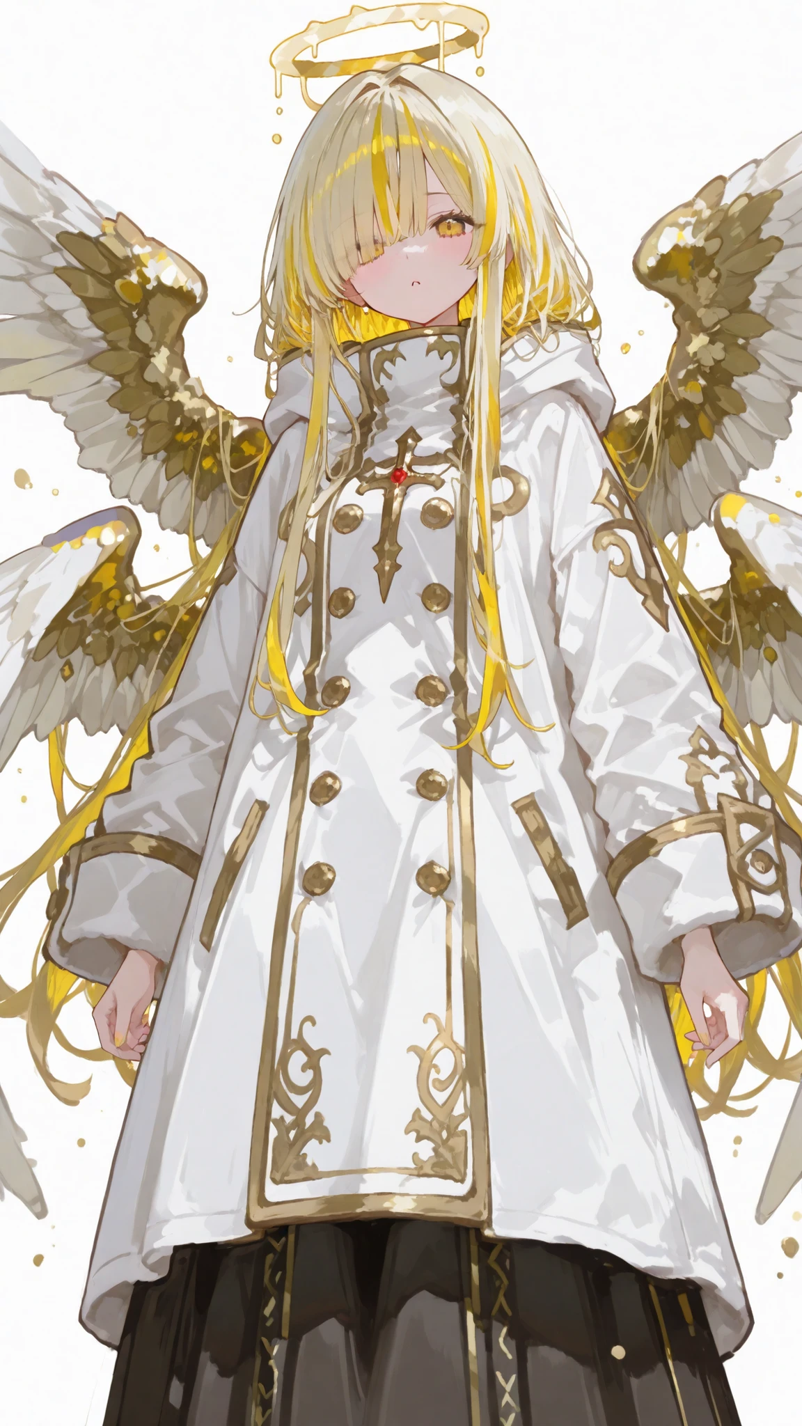 Monster Angel,white background,Covered Coat,long skirt,There are 6 wings ,Golden highlighted hair