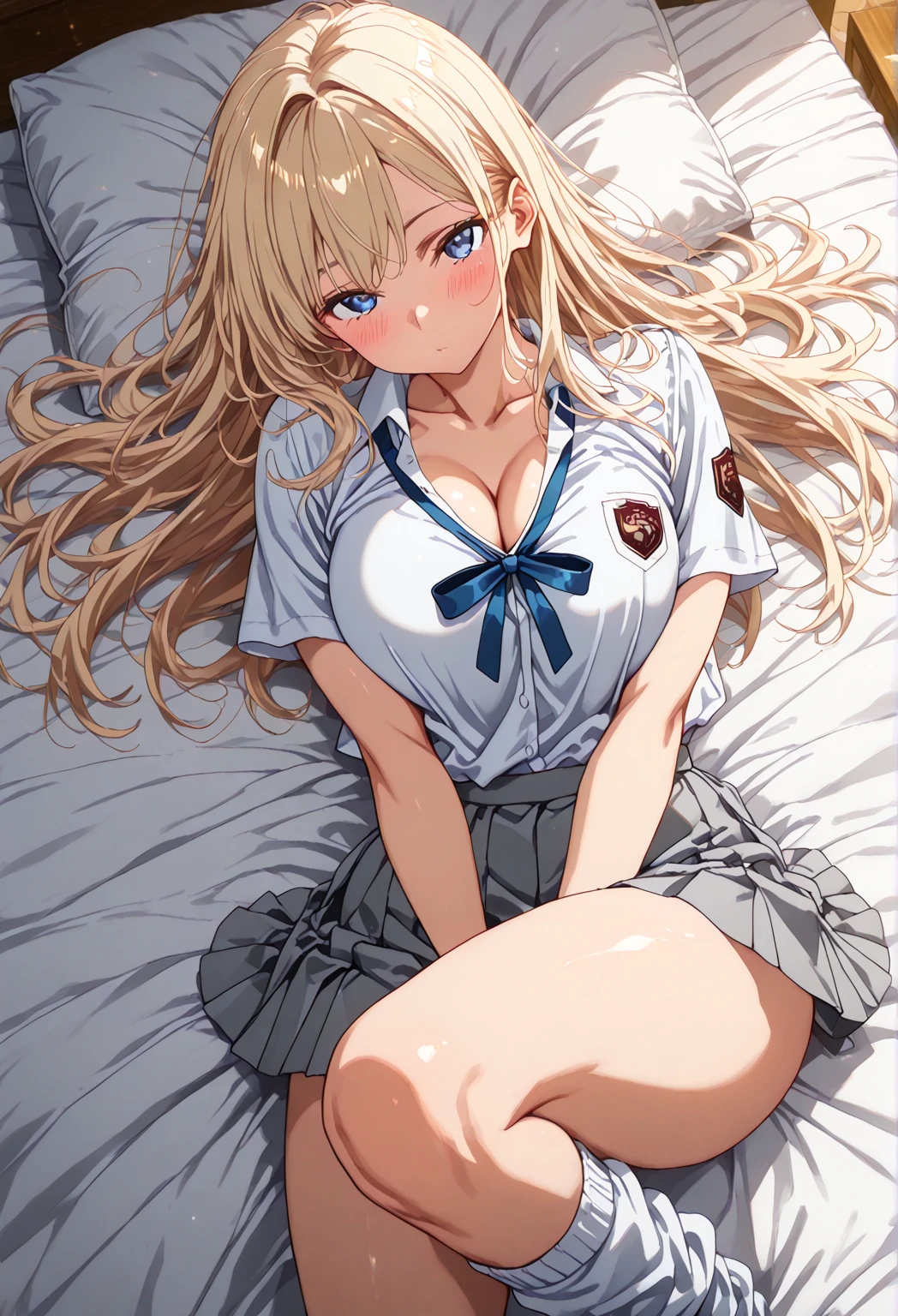 highest quality、one girl,full body figure、15 years old、big boobs、big 、Perfect five-finger、perfect legs、perfect legs、Mahiru Shiina、perfect thing、detailed description、small details、detailed face、mini skirt、plaid skirt、long hair、blonde、White panties、whitepanty、I can see your panties、school uniform、high school uniform、Skirt flip、lift skirt、Bed、M-shaped legs、summer clothes、White shirt、plaid skirt、shirt sleeves、white socks