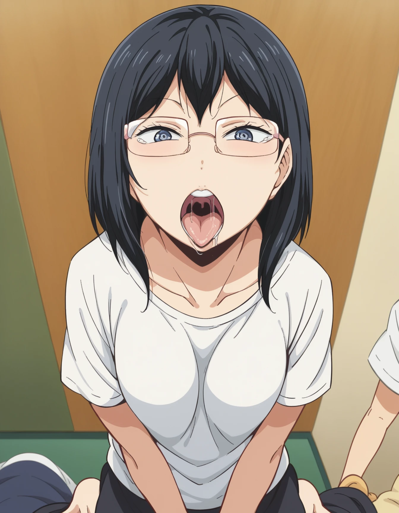 score_9, score_8_up, score_7_up,1girl,sarada,black hair,short hair,red eye frame glasses, flat chest,black eyes, saliva, blush, tongue, open mouth, sweat, tongue out, teeth, saliva trail, wet penis, saliva on penis, close-up, uncensored, horny, licking penis,