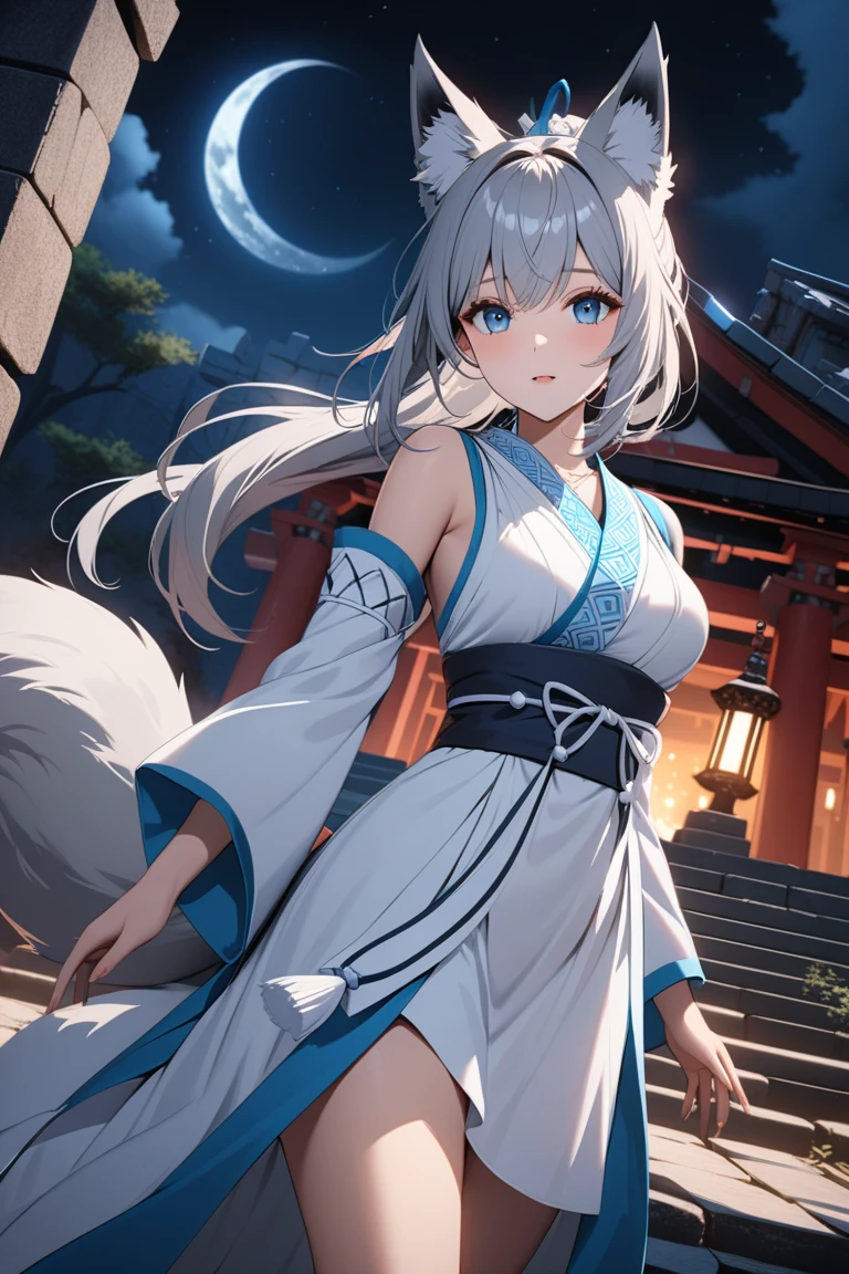 (best quality,highres,masterpiece:1.2),(flatten art:0.7), masterpiece, best quality, 1woman, Anime, darker environment, long white hair, ao dai, blue demon eyes, white fox ear, blue ainu clothes, blue headband, large breast, white fox tail, enticing, forest, night, dark, looking at viewer, solo, winter, snow, faint moonlight, close-up, dynamic angle