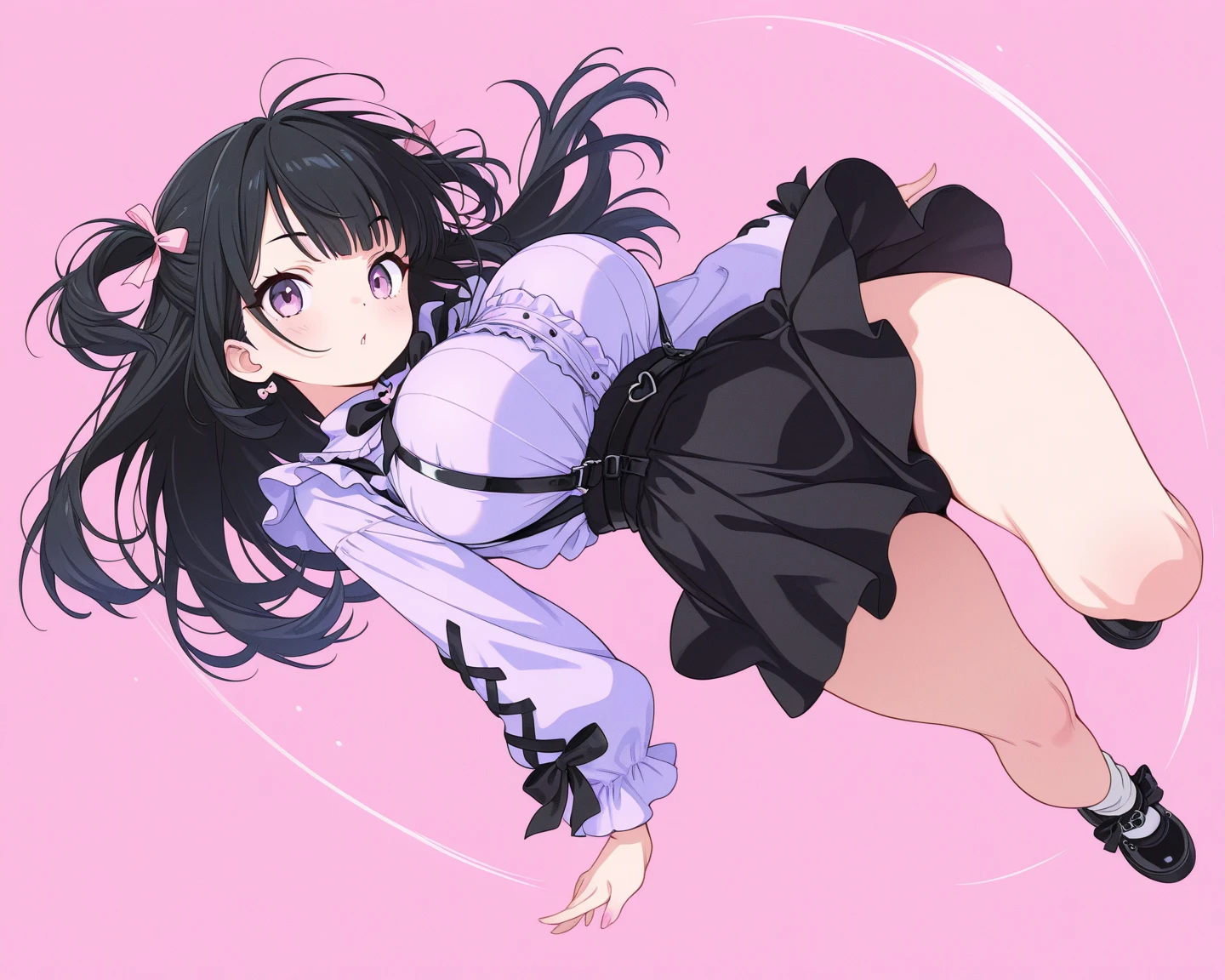 an anime girl with red eyes, long black hair with pink strands with small hair bow with small blue and yellow cubes decoration on the bow, on the right side of the head. She is wearing a white sleeveless shirt and is bending over while taking off her skirt, revealing her white panties.