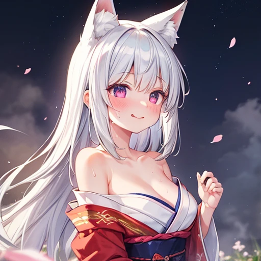 (tmasterpiece)、(top-quality)、(ultra - detailed)、(独奏)、Beautiful girl of 14 years old、small、silber hair、Krims、The white, golden, plata, Light blue and red kimono、Shoulders bare、Emphasize cleavage、Thighs exposed、Landscape and cherry blossoms、Moon Night、Composition looking up from your feet